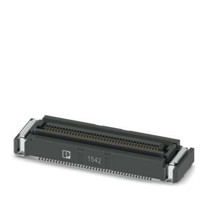 Nahaufnahme eines schwarzen elektronischen Steckers mit mehreren winzigen Stiften, beschriftet mit 