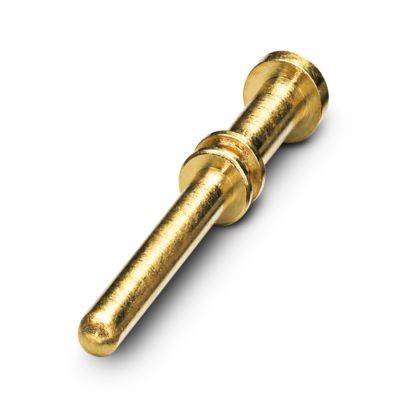 Eine goldene zylindrische Stecknadel mit glatter Oberfläche, die eine breitere Basis und eine schmale Spitze aufweist und für elektronische oder mechanische Verbindungen verwendet wird.