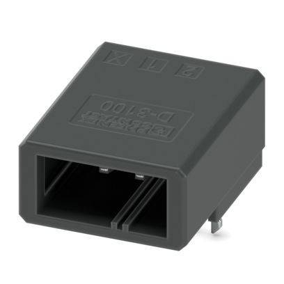 Eine schwarze rechteckige elektronische Komponente, möglicherweise ein Relais oder Stecker, mit mehreren Stiften auf einer Seite und Markierungen wie „D-5100