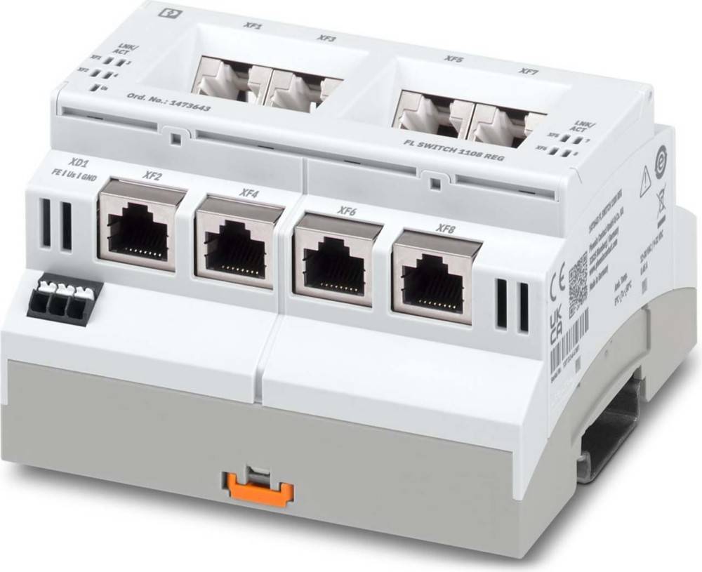 Netzwerkswitch mit acht Ethernet-Ports, auf einer DIN-Schiene montiert. Obere Ports sind mit XF1 bis XF4 beschriftet, untere Ports mit XF5 bis XF8.