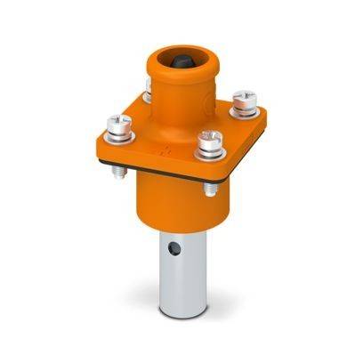Orange und metallfarbene Gerüstverbindung für Bau- oder industrielle Zwecke, mit einem zentralen Zylinder und Bolzen für eine sichere Befestigung.