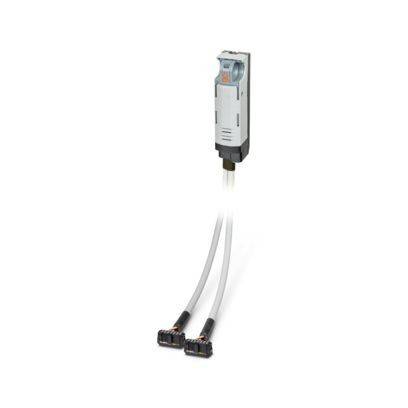Digitaler Sensor mit zwei Ausgangskabeln, geeignet für industrielle Automatisierung; graue Gehäuse und Anschlüsse für bessere Sichtbarkeit hervorgehoben.