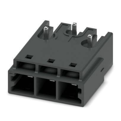 Ein schwarzer Elektrostecker mit drei rechteckigen Anschlüssen und Metallstiften oben, wahrscheinlich zur Verwendung für Leiterplattensteckverbindungen.