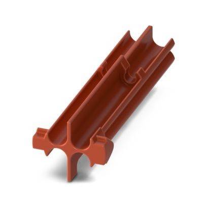 Ein rotes Kunststoffteil, das für einen spezifischen mechanischen oder technischen Zweck konstruiert ist und eine kreuzförmige Struktur mit mehreren Nuten und Zacken aufweist.