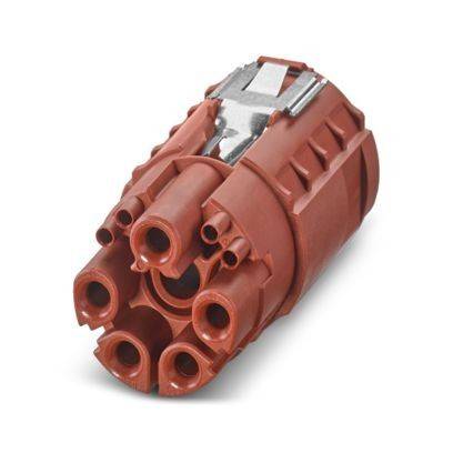 Ein roter Kunststoff-Elektrostecker mit mehreren zylindrischen Schlitzen und einem Metallabschnitt oben, verwendet für die Verkabelung und das Kabelmanagement.