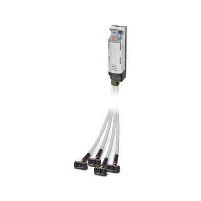 Eine weiße elektronische Komponente mit sechs grauen Kabeln, die von ihr ausgehen, wobei jedes Kabel in schwarzen Anschlüssen endet. Die Komponente scheint für Schaltkreise konzipiert zu sein.