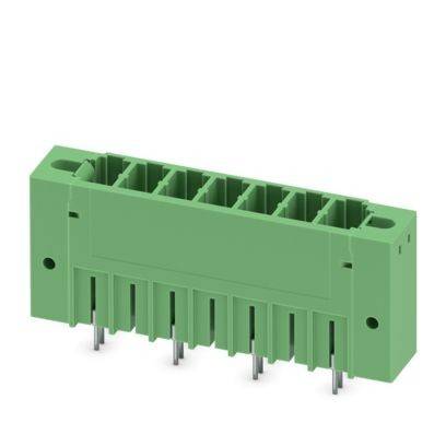 Ein grüner elektronischer Stecker mit mehreren Steckplätzen und nach unten verlängerten Metallstiften zur Befestigung auf der Leiterplatte.