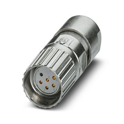 Ein metallischer Stecker mit mehreren Stiften, der für elektronische Geräte verwendet wird. Er ist zylindrisch und weist gekennzeichnete Stiftnummern für Verbindungen auf.