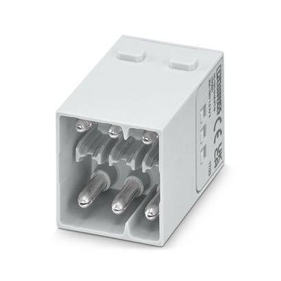 Ein weißer, rechteckiger Elektrostecker mit mehreren Metallkontakten, von der Kontaktseite betrachtet, wird zum Verbinden elektronischer Geräte verwendet.