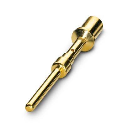 Ein vergoldeter elektrischer Steckerkontakt auf weißem Hintergrund, typischerweise in elektronischen und elektrischen Geräten für sichere Verbindungen verwendet.