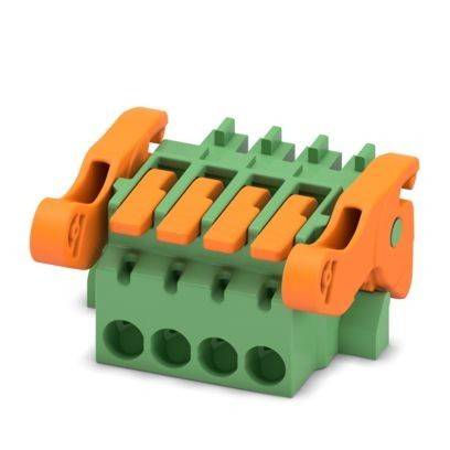 Ein grün-orange farbiger Kunststoff-Anschlussblock mit mehreren Anschlüssen, konzipiert für elektrische oder elektronische Verbindungen.