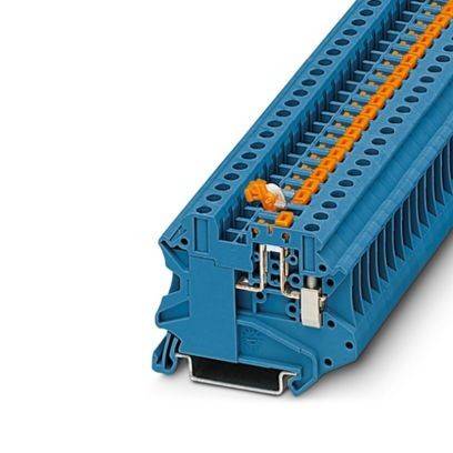 Ein blaues Elektroklemmenblatt mit mehreren Anschlüssen und orangefarbenen Hebeln, die auf einer grauen Metallmontierungsfuß positioniert sind.