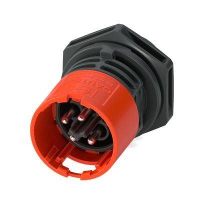 Ein Nahaufnahmebild eines orange-schwarzen zylindrischen Elektrosteckers mit mehreren Stiften, entwickelt für industrielle Anwendung.