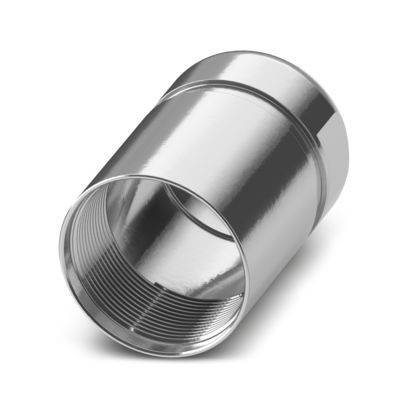 Ein metallischer Zylinder mit Gewinde an den Enden, diagonal liegend, das Licht reflektierend. Wahrscheinlich ein Rohrfitting oder Verbinder.