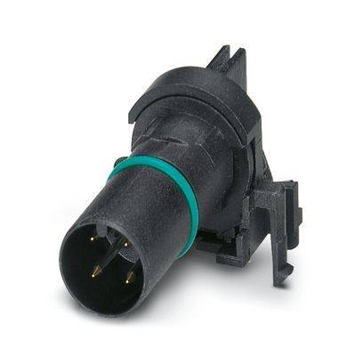 Ein schwarzer und grüner runder elektronischer Stecker mit drei Metallstiften wird vor einem schlichten Hintergrund gezeigt.