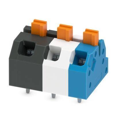 Ein dreifarbiger Verbindungsblock mit schwarzen, weißen und blauen Segmenten, ausgestattet mit drei orangefarbenen Hebeln oben für Drahtverbindungen.