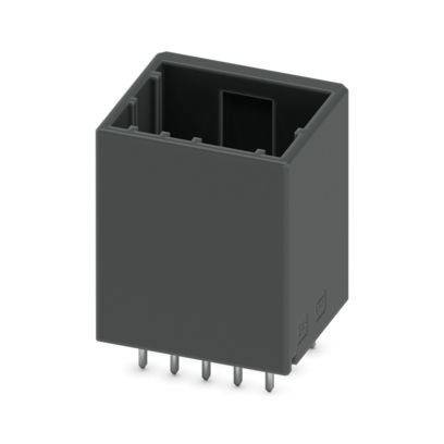 Ein achtpoliger rechteckiger schwarzer elektronischer Stecker, von oben betrachtet, mit der offenen Buchse und Stiften, die von unten herausragen.