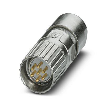 Eine Nahaufnahme eines Metallsteckers mit mehreren Goldkontakten im Inneren, der zum Verbinden von Kabeln in elektronischen Geräten verwendet wird.