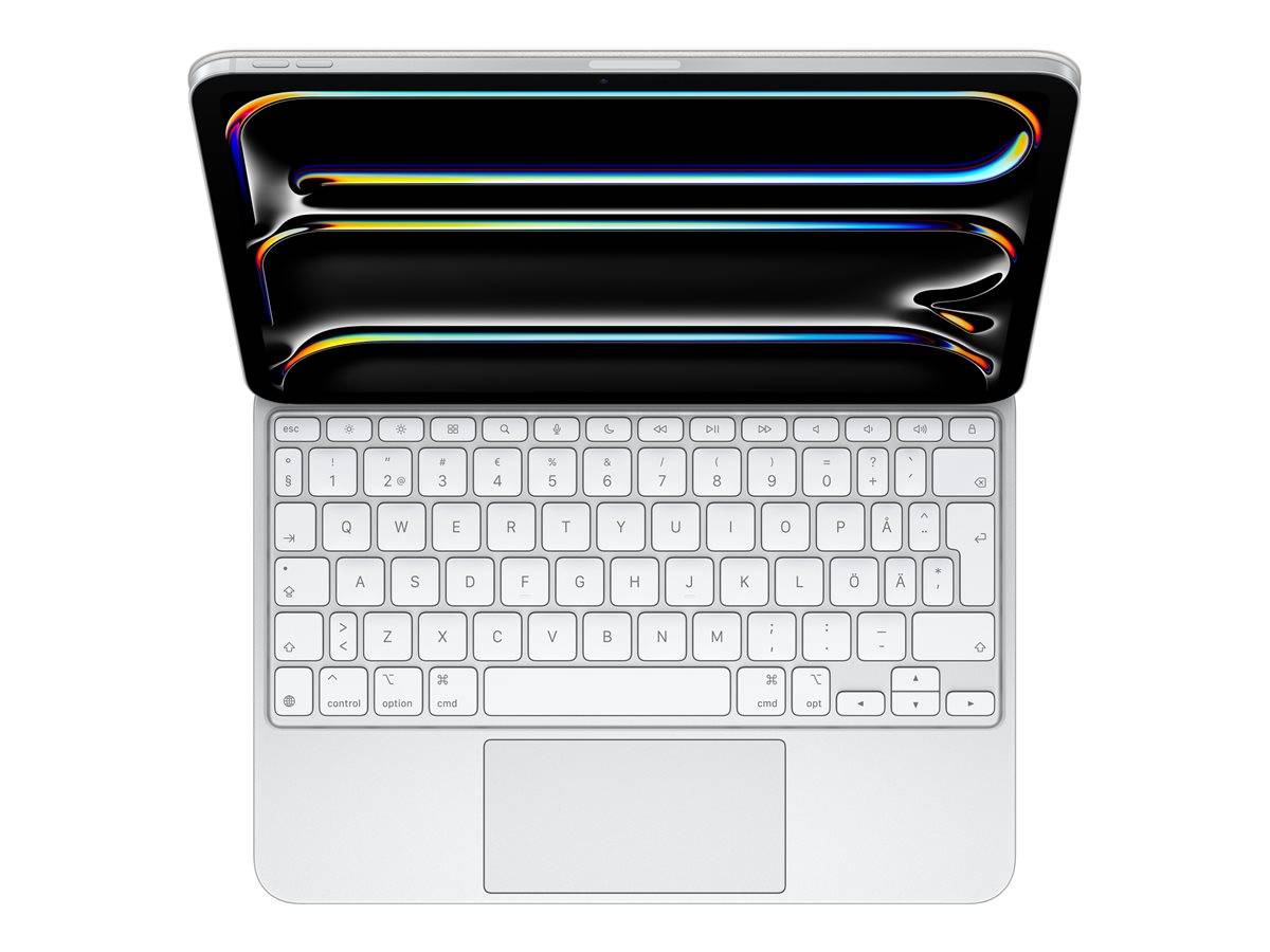Ein schlanker Laptop mit einer weißen Tastatur und einem bunten, geschwungenen Displaymuster auf dem Bildschirm, von oben betrachtet.