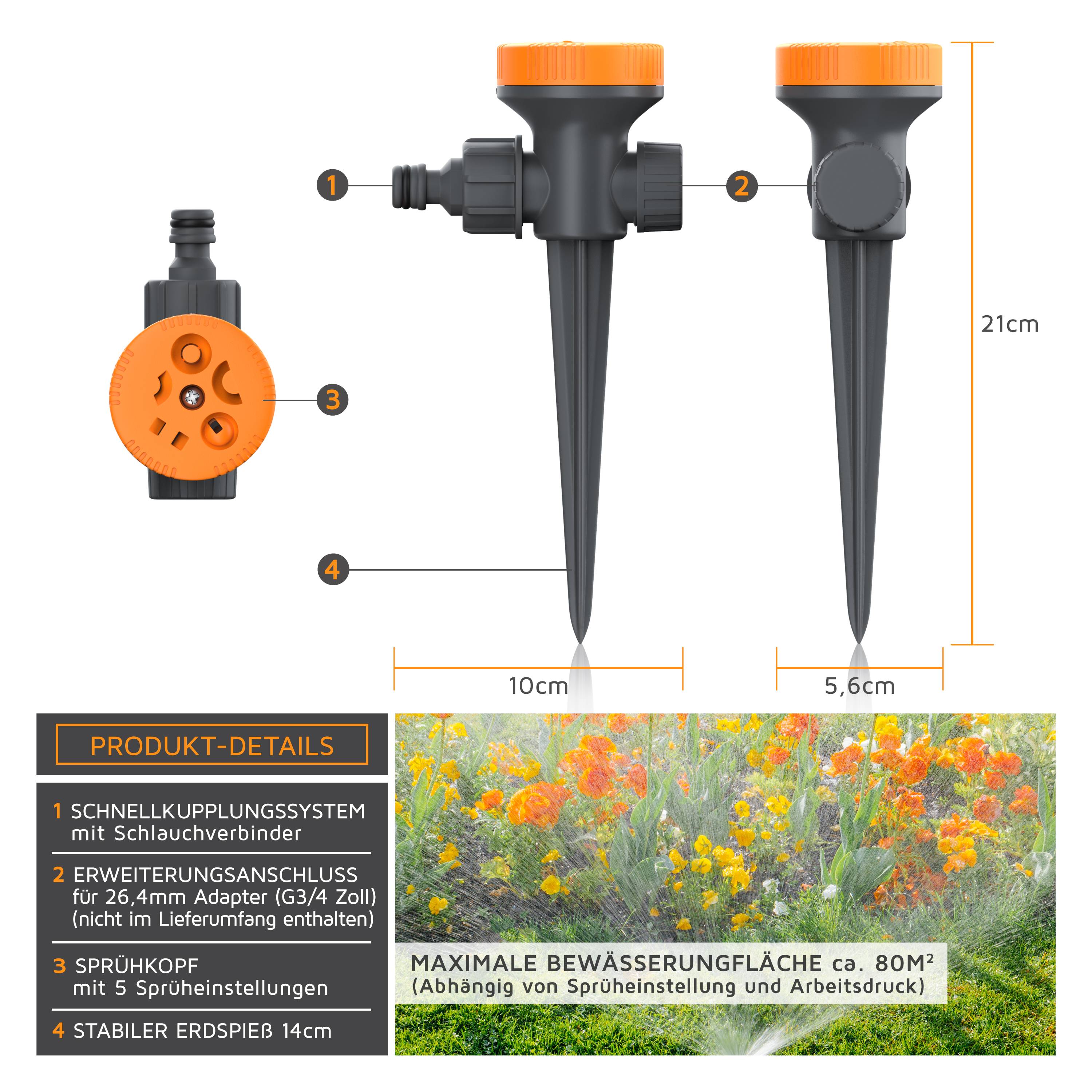 Brandson Rasensprenger 5 Fach Rasensprinkler, Flächenregner Garten Sprinkler, Wählscheibe