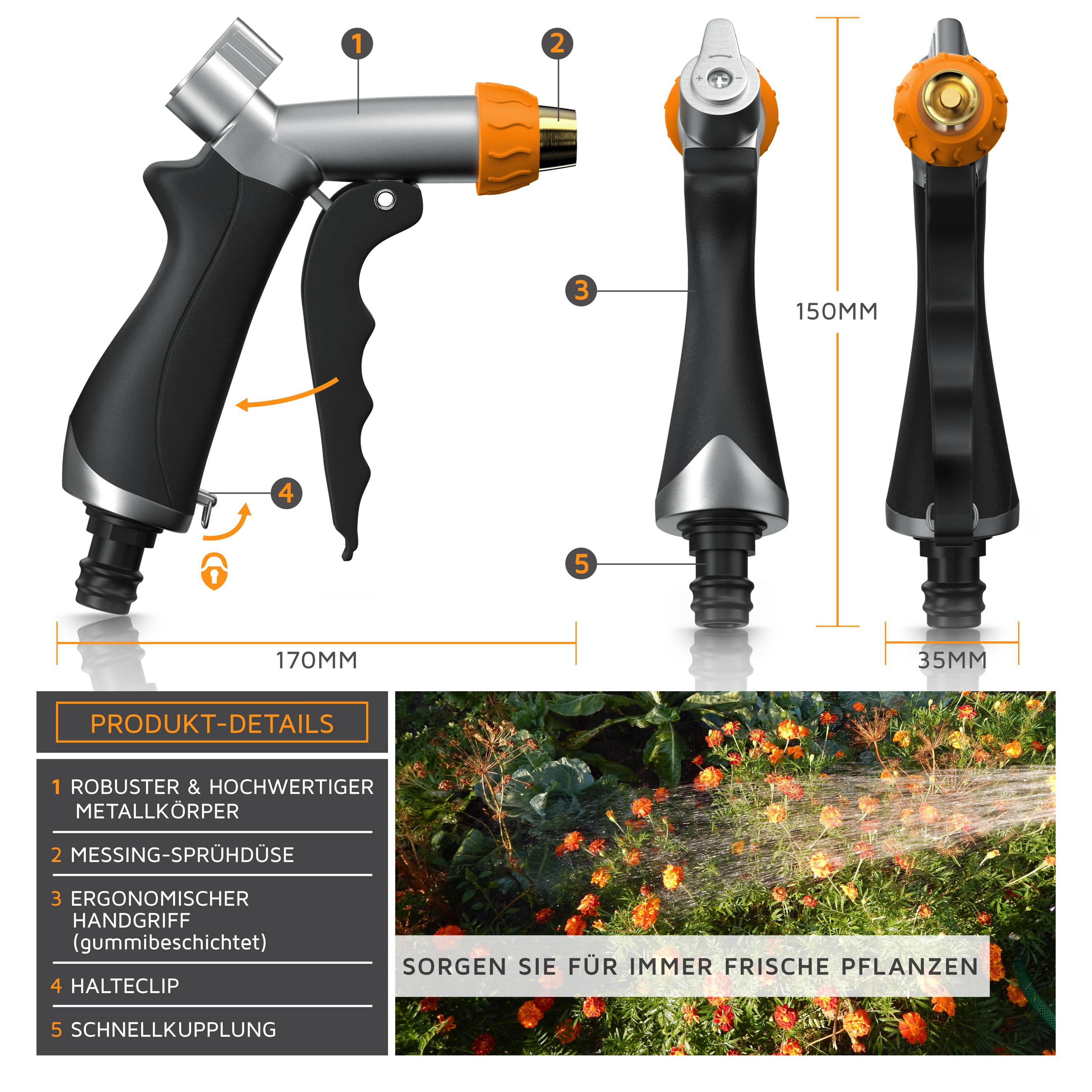 Brandson Garten Handbrause Metall Messing - Gartenbrause - 1/2 Zoll für Gartenschlauch - Pistolengriff mit Halteclip