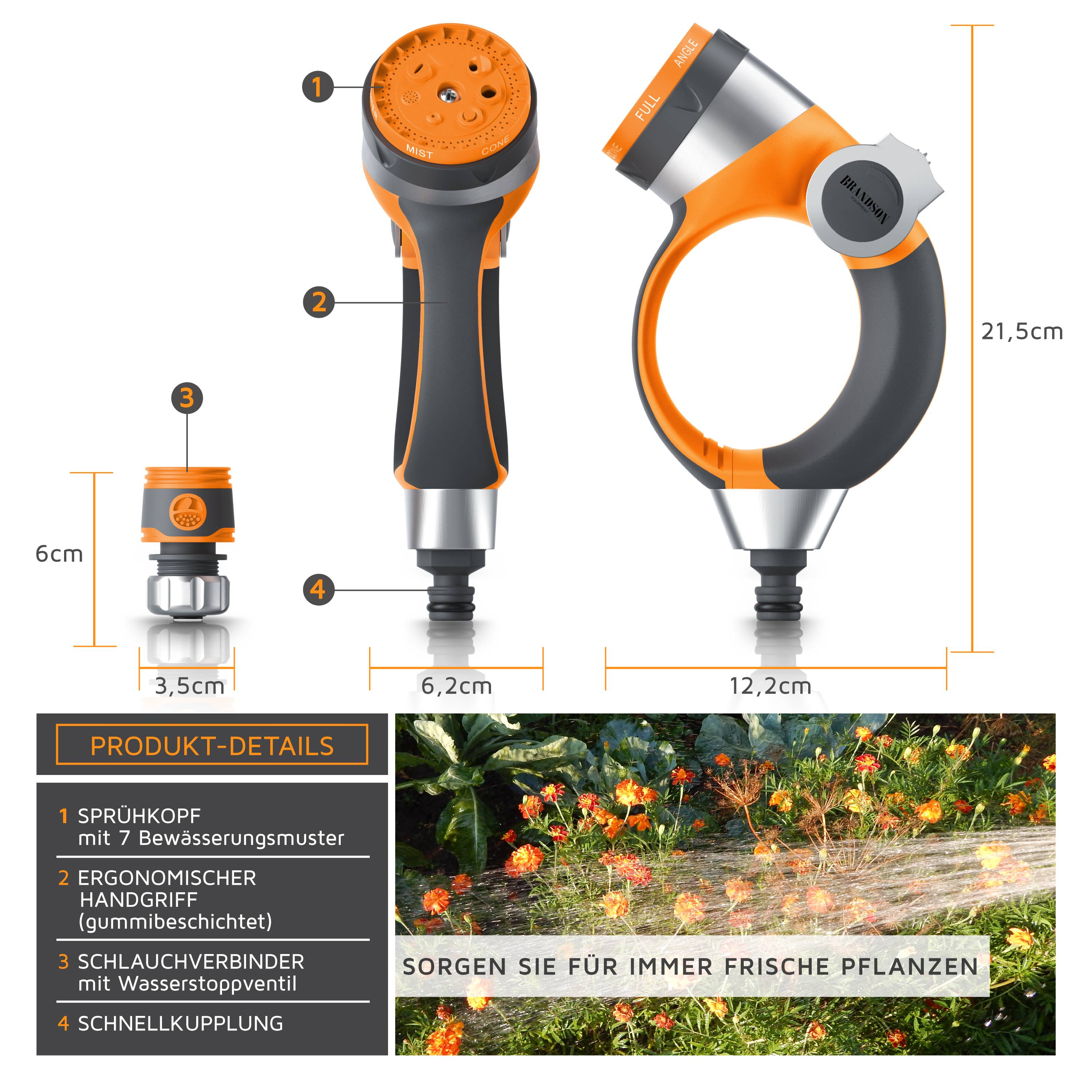 Brandson Garten-Handbrause | Gartenpistole Gartenbrause | 7 Sprühprofile | Schieberegler | Pistolengriff mit Halteclip