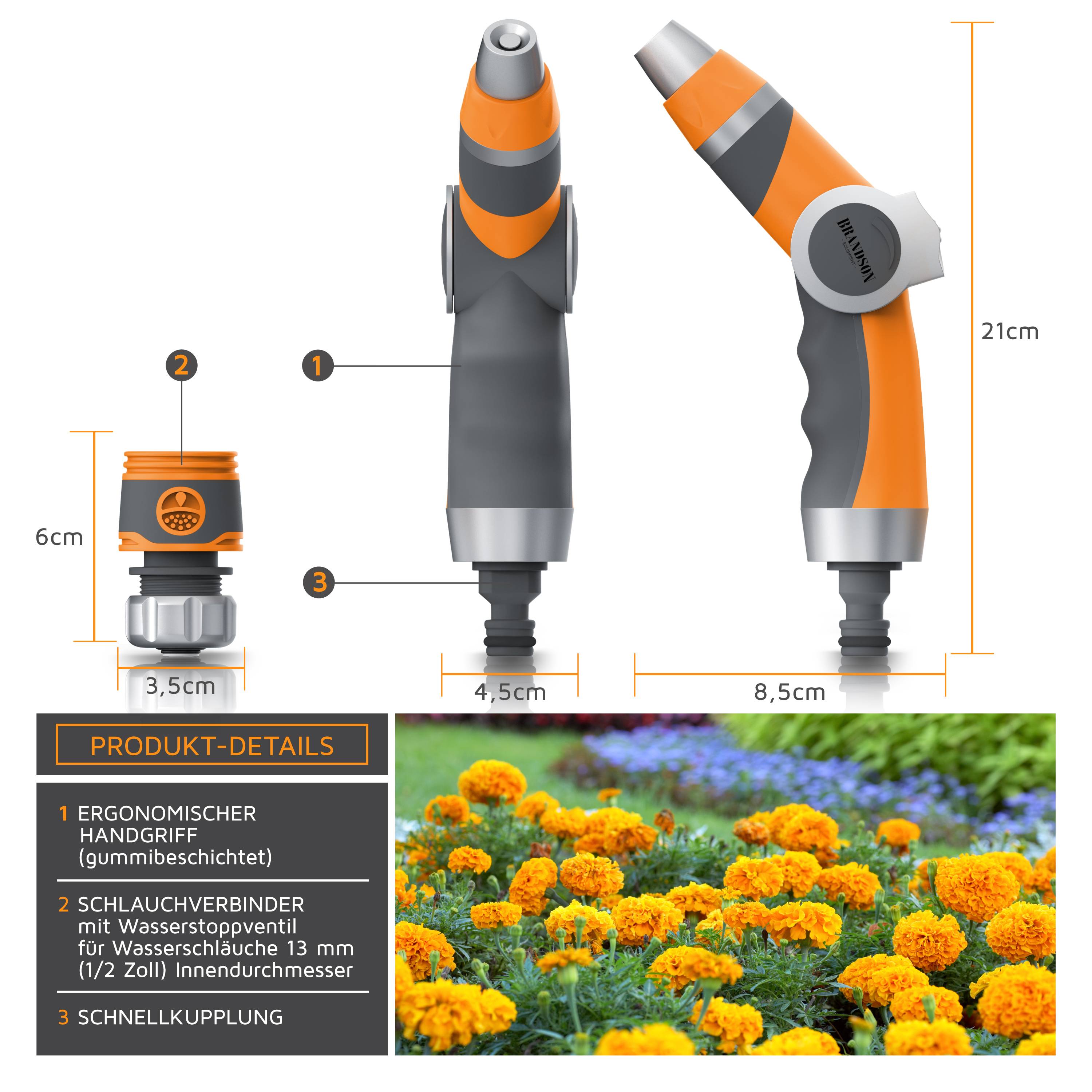 Brandson Gartenbrause, Garten Handbrause für Gartenschlauch, Spritzpistole, robuste Bauweise, Schieberegler, regelbar