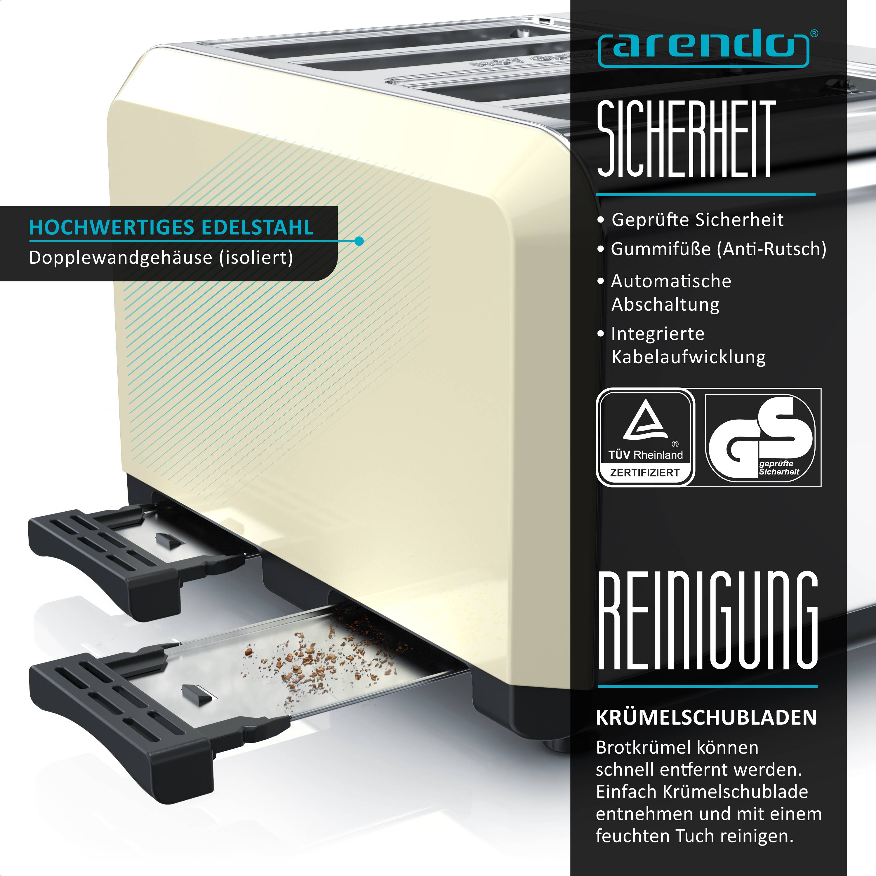 Arendo Toaster für 4 Scheiben, 1630 W, Automatik, Edelstahl, wärmeisoliert, beige, Kunststoff, Abschaltautomatik