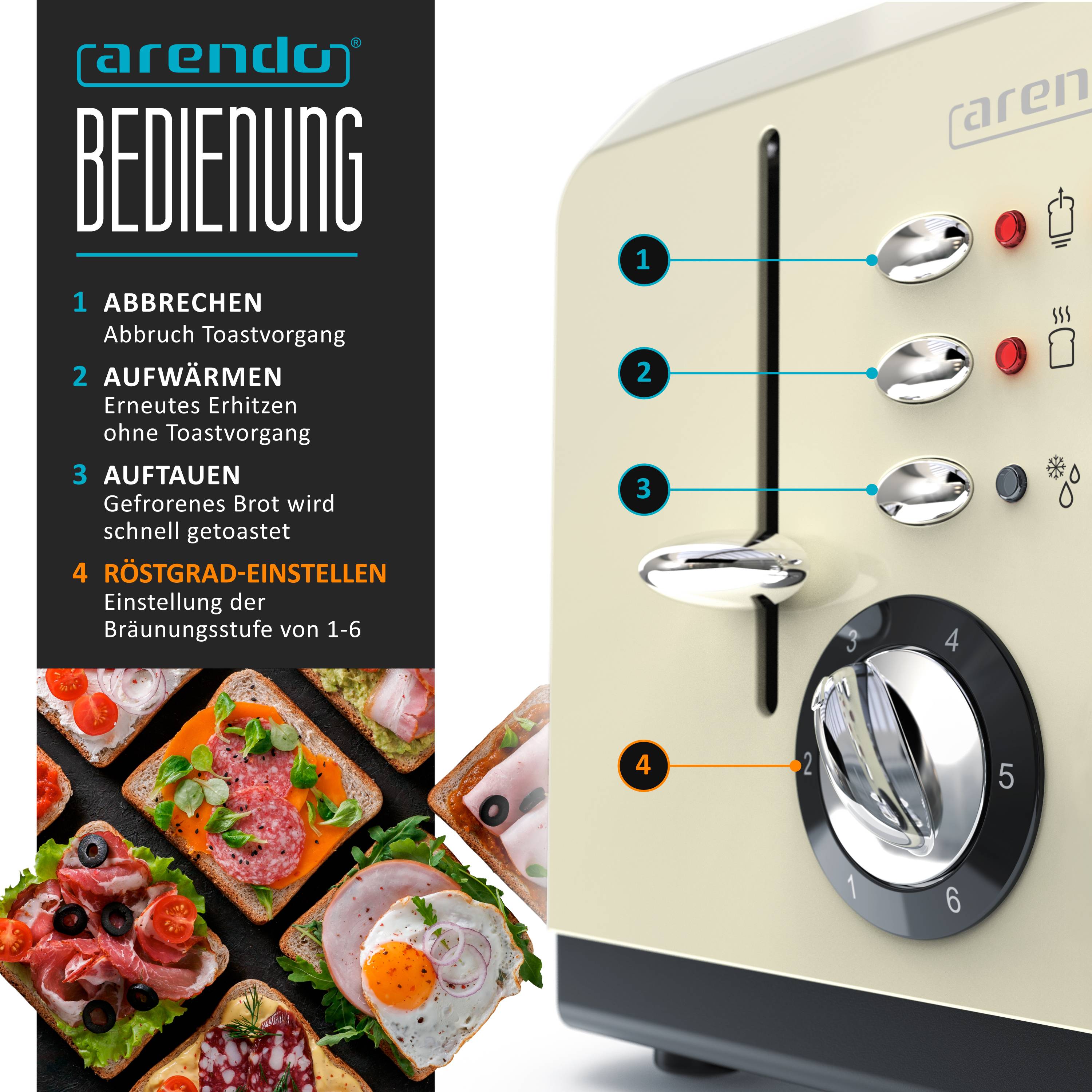 Arendo Toaster für 4 Scheiben, 1630 W, Automatik, Edelstahl, wärmeisoliert, beige, Kunststoff, Abschaltautomatik