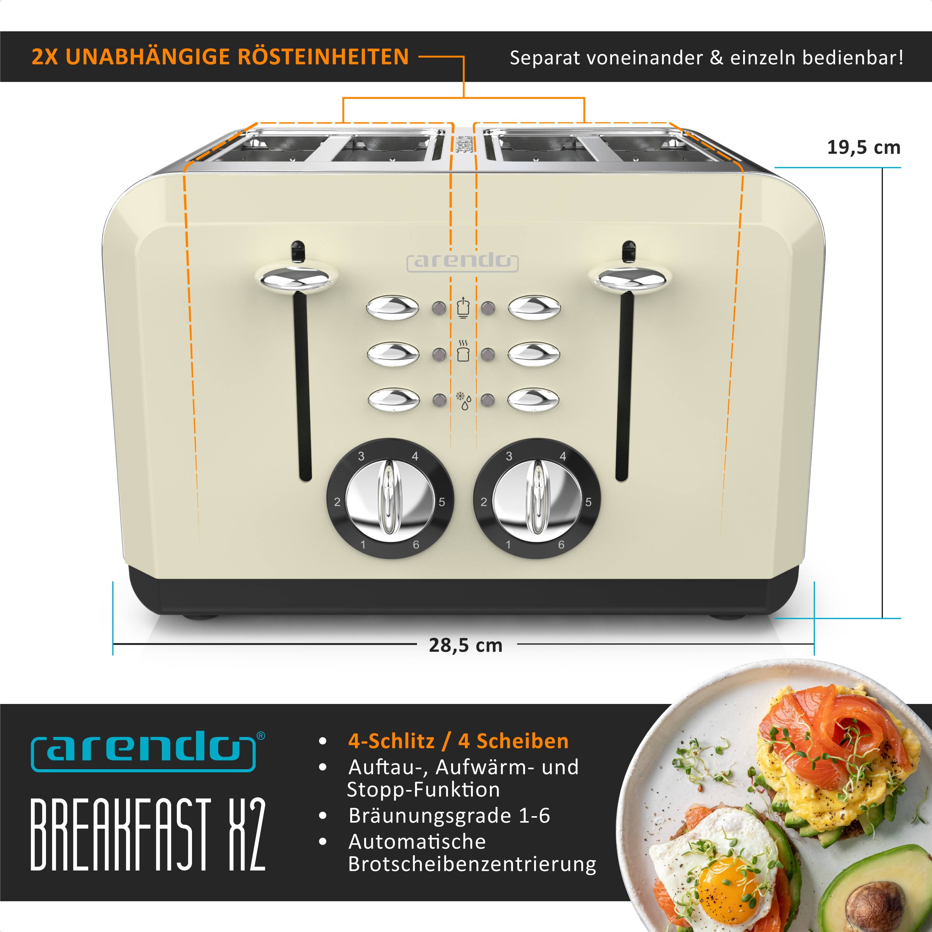 Arendo Toaster für 4 Scheiben, 1630 W, Automatik, Edelstahl, wärmeisoliert, beige, Kunststoff, Abschaltautomatik