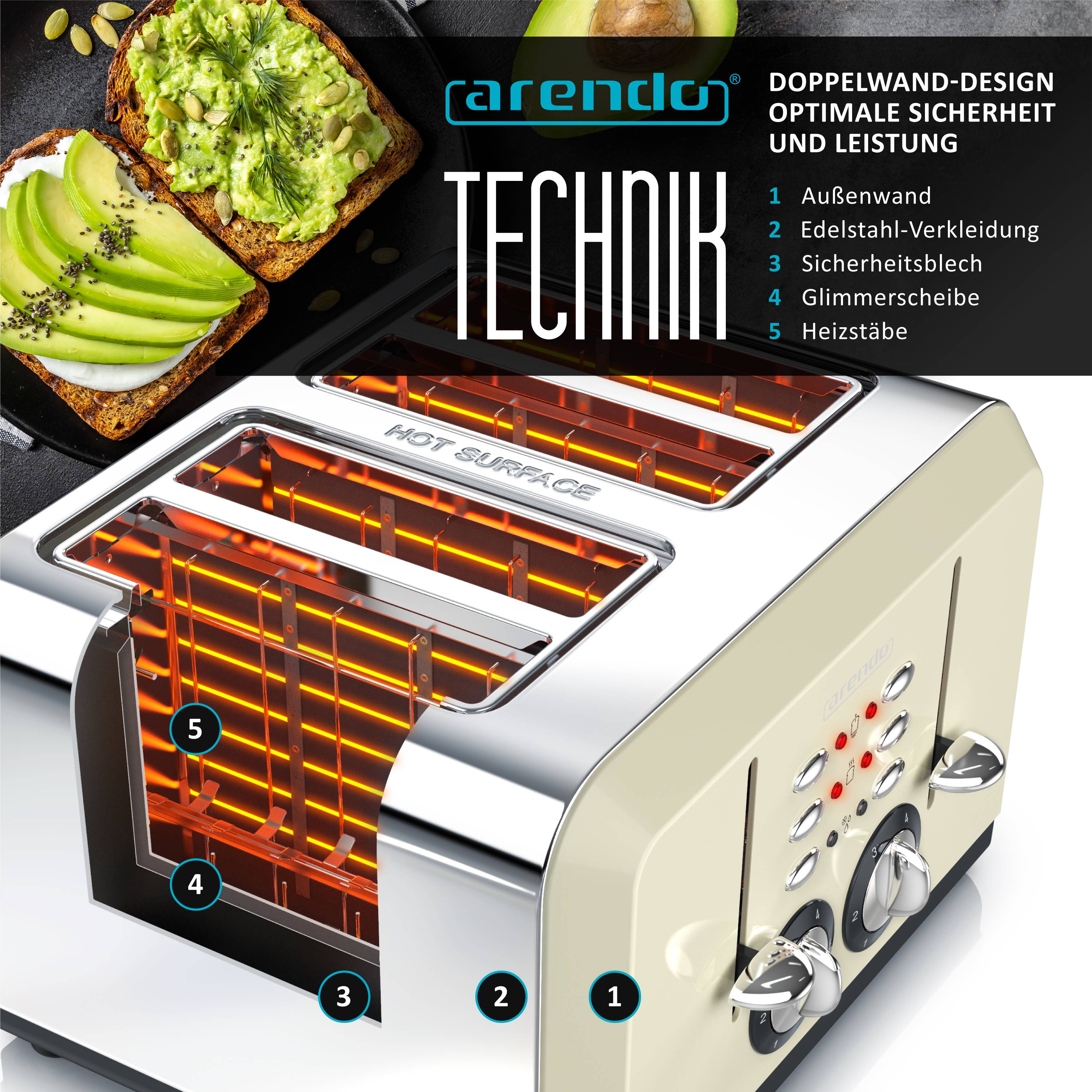 Arendo Toaster für 4 Scheiben, 1630 W, Automatik, Edelstahl, wärmeisoliert, beige, Kunststoff, Abschaltautomatik