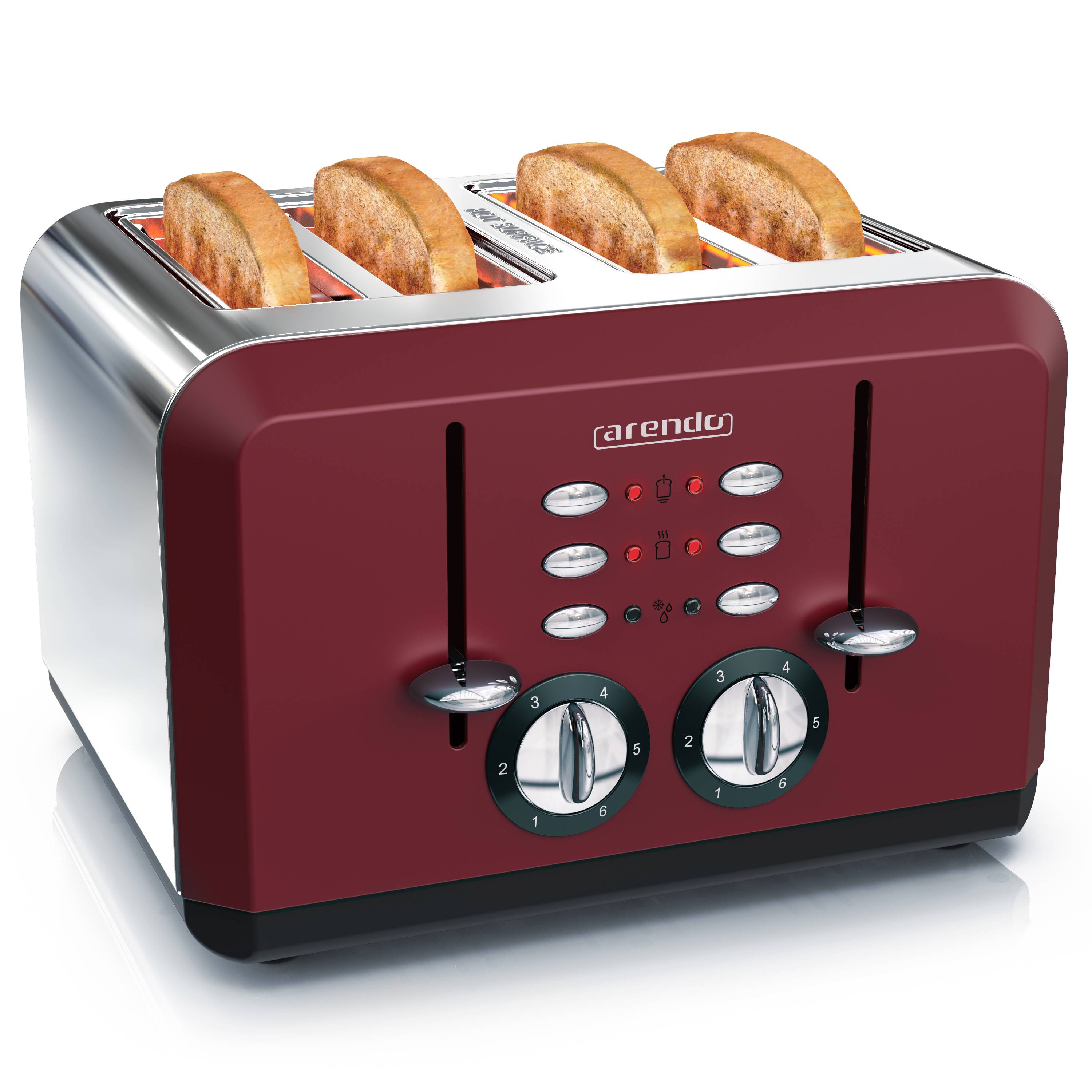 Arendo Toaster 4-Schlitz im Edelstahlgehäuse für 4 Scheiben, extrabreite Röstschlitze, leichte Reinigung, rot, 1630 W