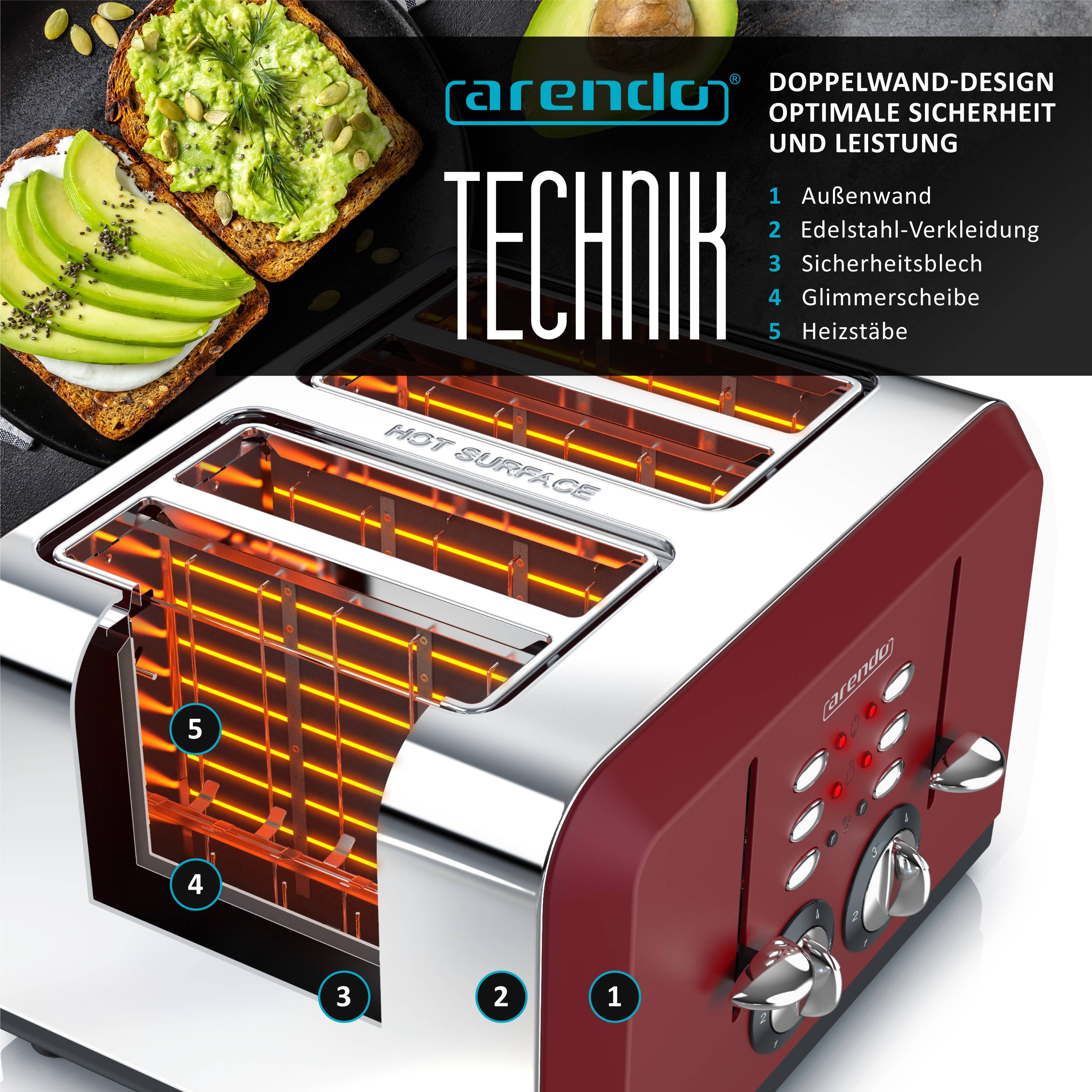 Arendo Toaster 4-Schlitz im Edelstahlgehäuse für 4 Scheiben, extrabreite Röstschlitze, leichte Reinigung, rot, 1630 W