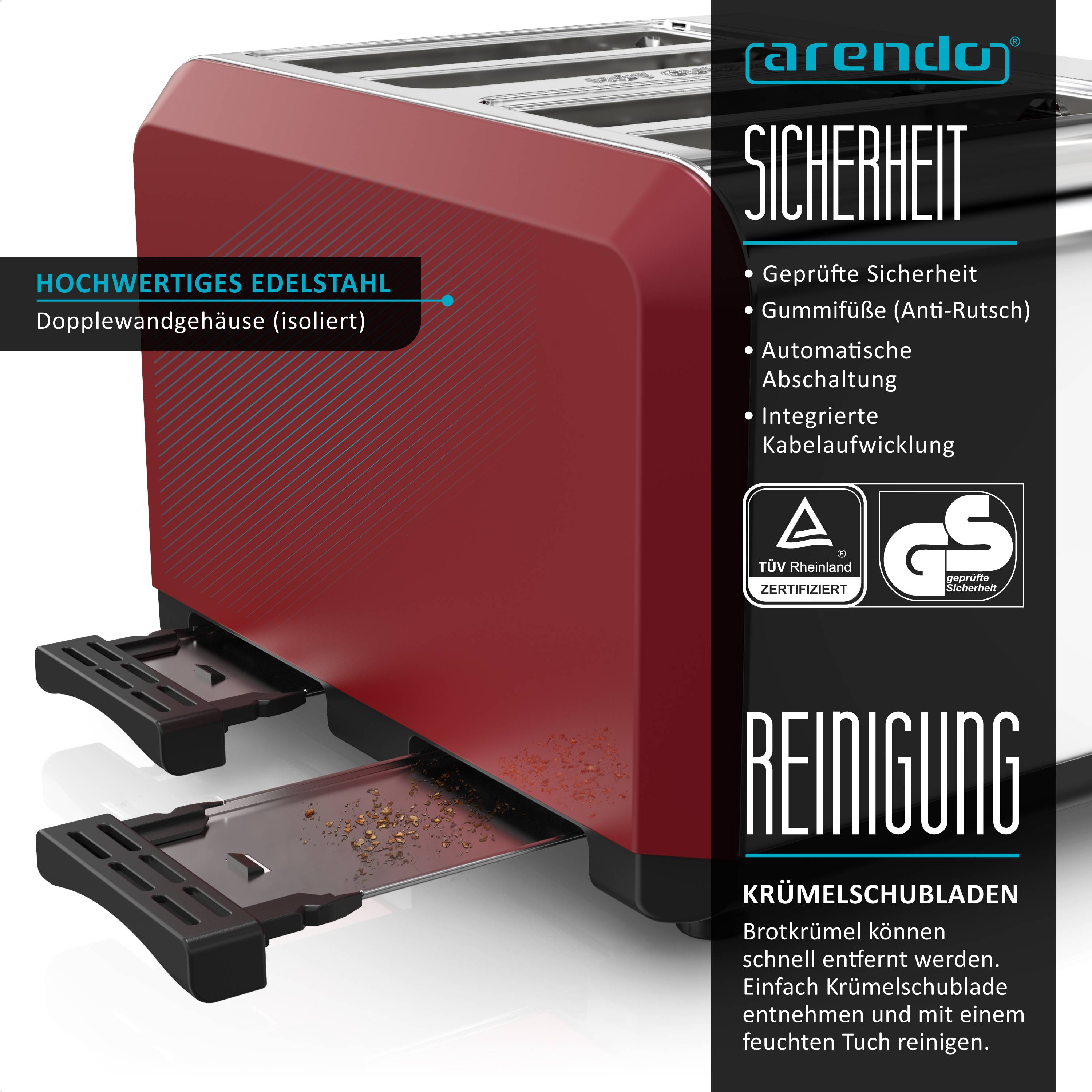 Arendo Toaster 4-Schlitz im Edelstahlgehäuse für 4 Scheiben, extrabreite Röstschlitze, leichte Reinigung, Rot