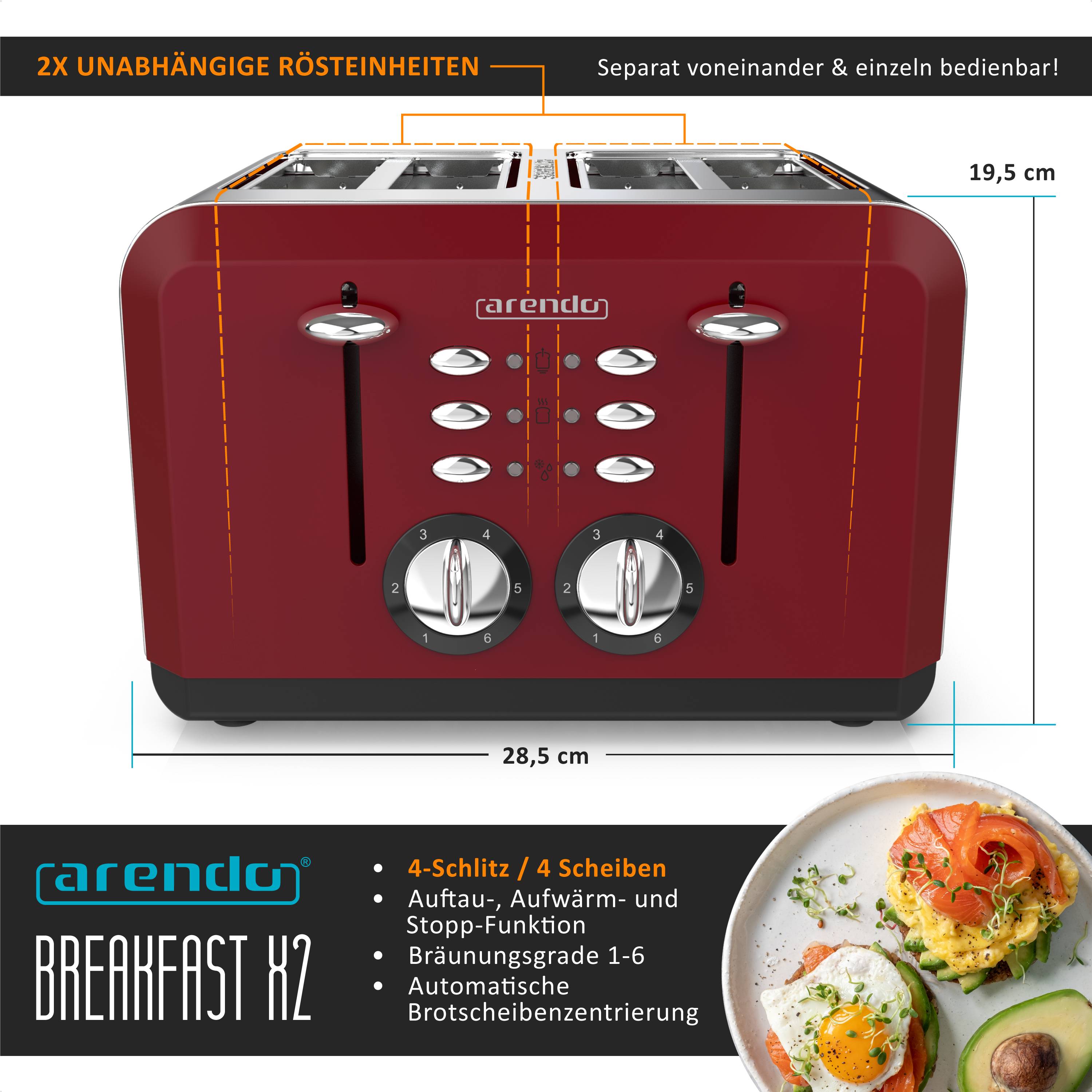 Arendo Toaster 4-Schlitz im Edelstahlgehäuse für 4 Scheiben, extrabreite Röstschlitze, leichte Reinigung, rot, 1630 W
