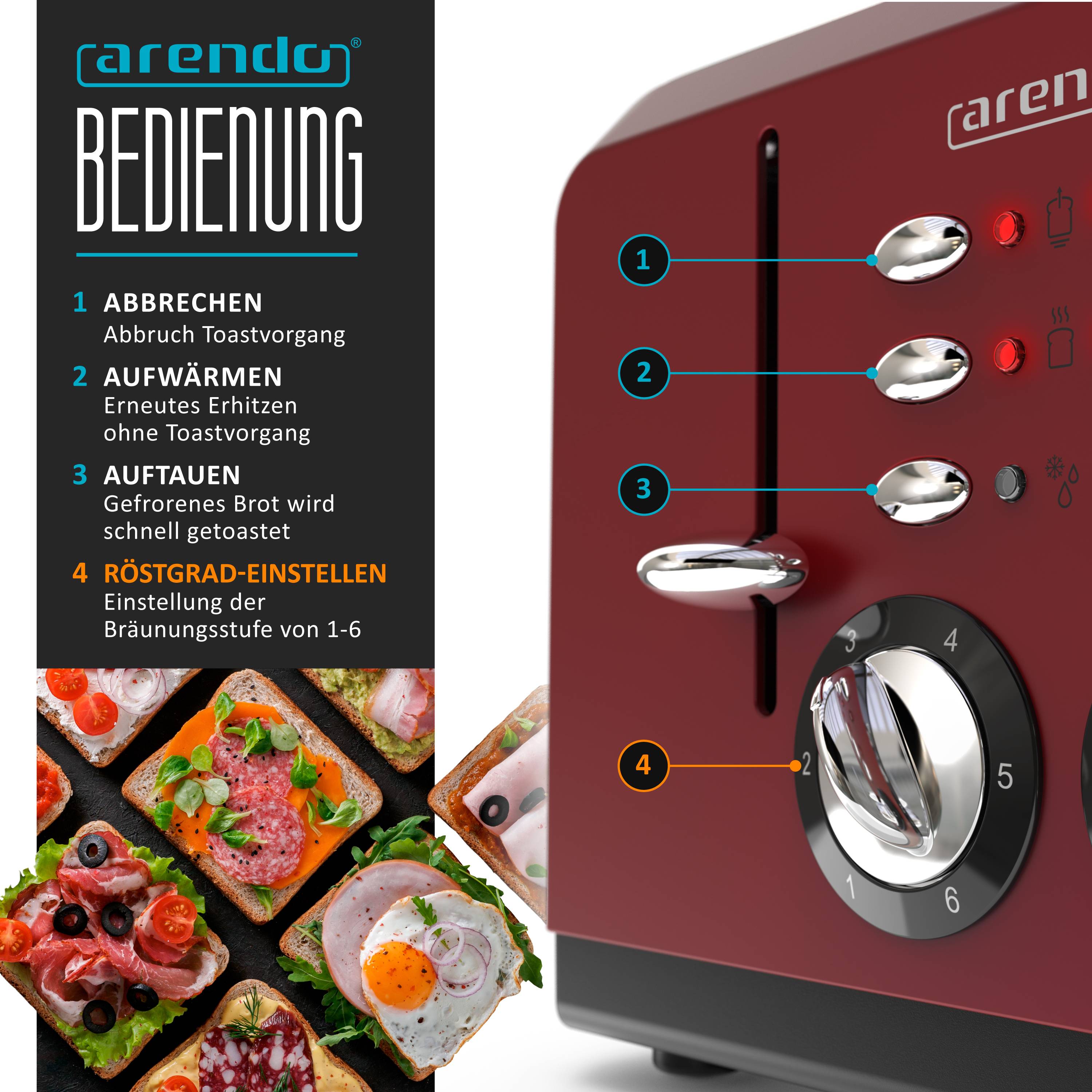 Arendo Toaster 4-Schlitz im Edelstahlgehäuse für 4 Scheiben, extrabreite Röstschlitze, leichte Reinigung, rot, 1630 W