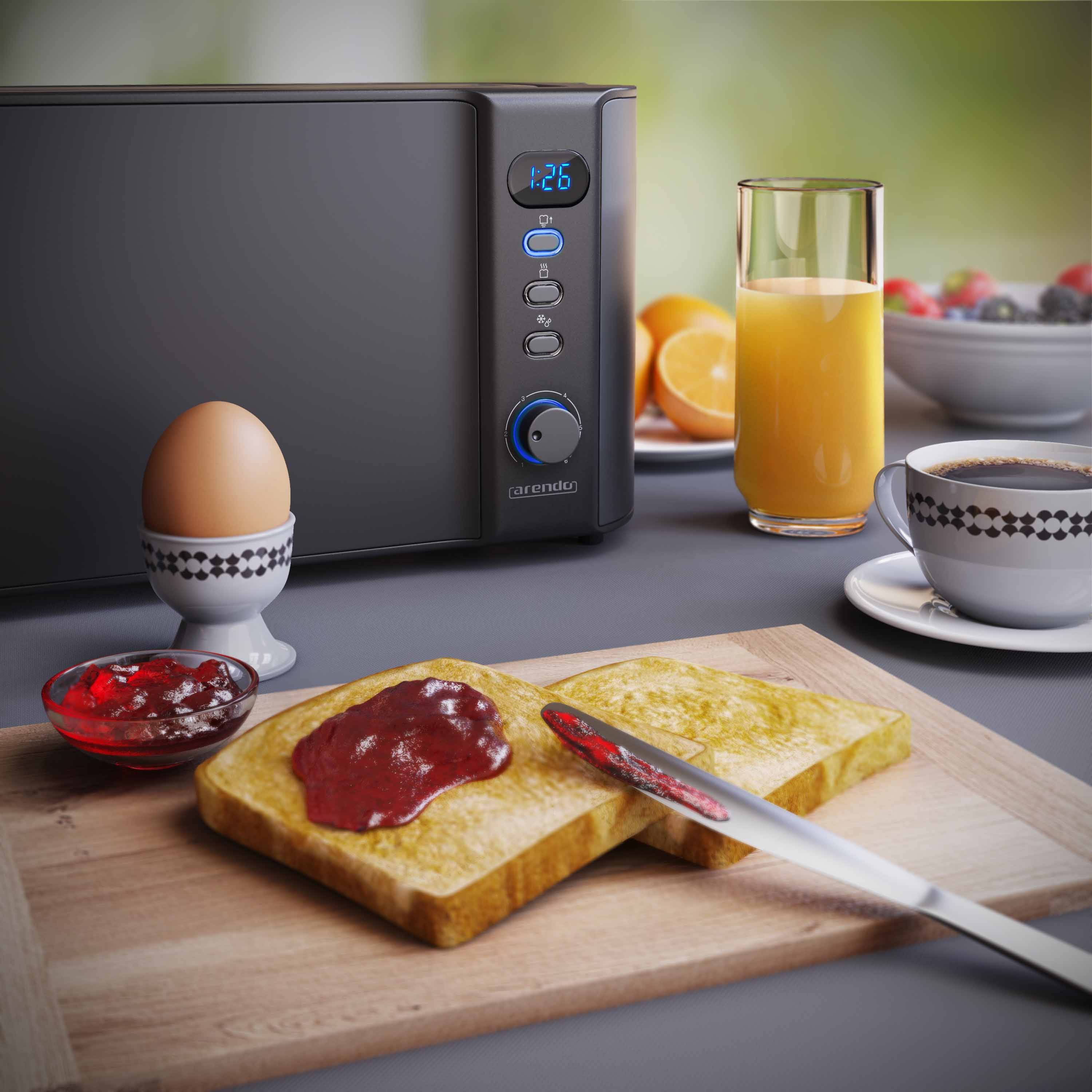 Arendo Automatik 2-Scheiben 1000 W Langschlitz Toaster, Auftaufunktion, wärmeisoliert, schwarz, Edelstahl, Kunststoff