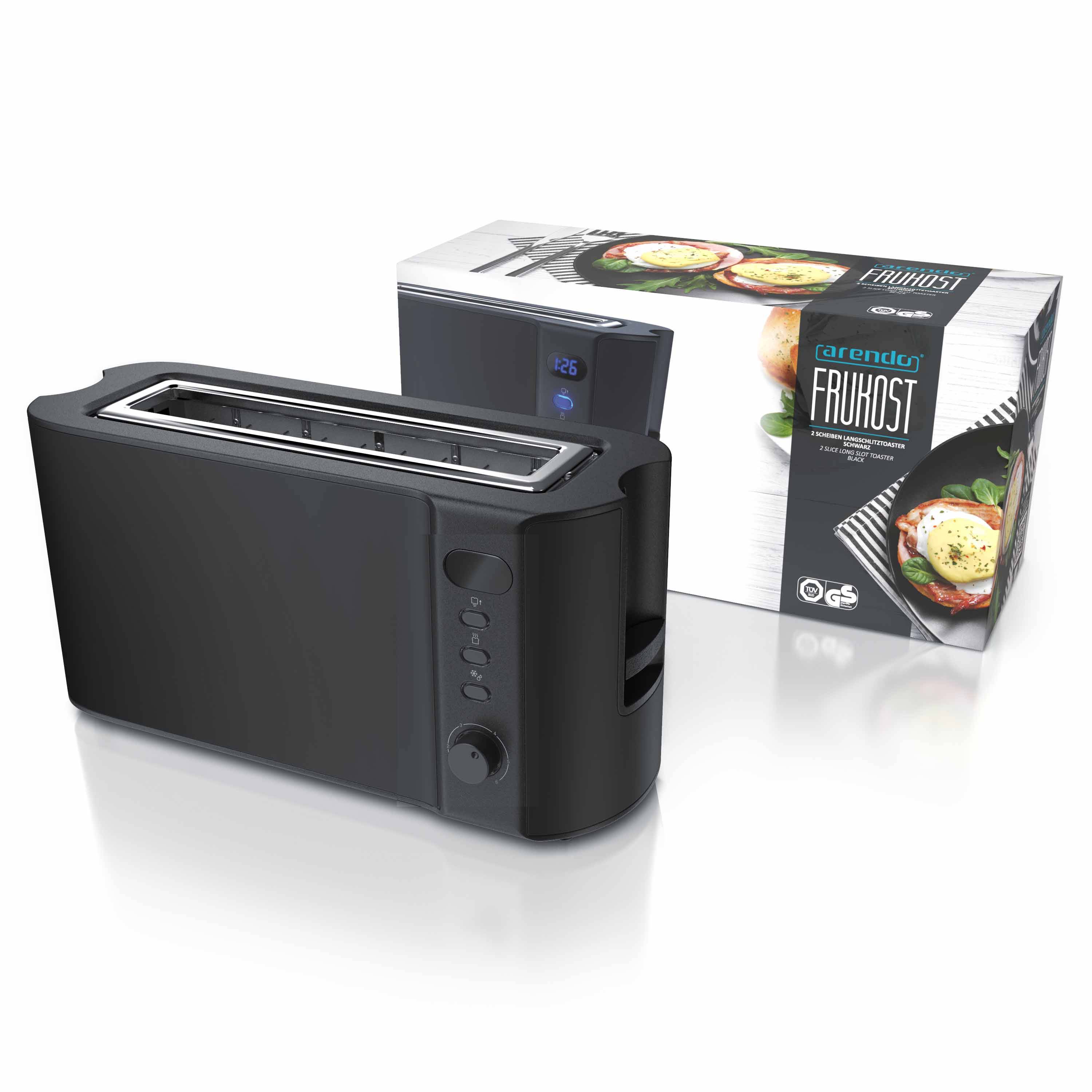 Arendo Automatik 2 Scheiben 1000W Langschlitz Toaster, Auftaufunktion, Wärmeisolierendes Doppelwandgehäuse, Schwarz