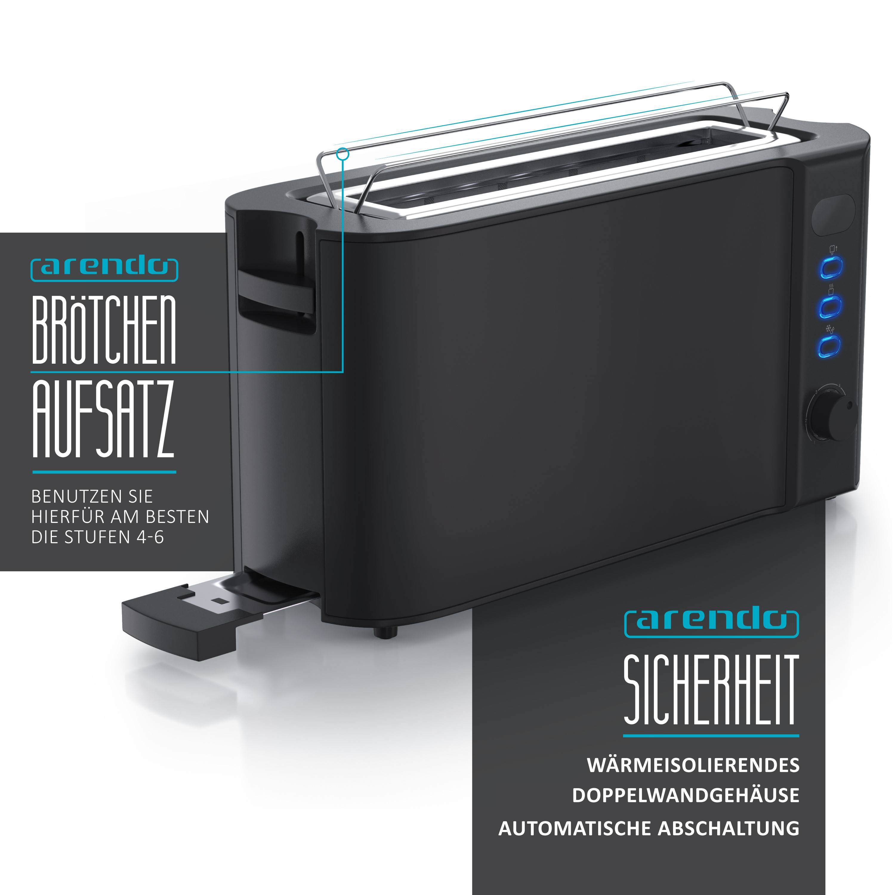 Arendo Automatik 2-Scheiben 1000 W Langschlitz Toaster, Auftaufunktion, wärmeisoliert, schwarz, Edelstahl, Kunststoff