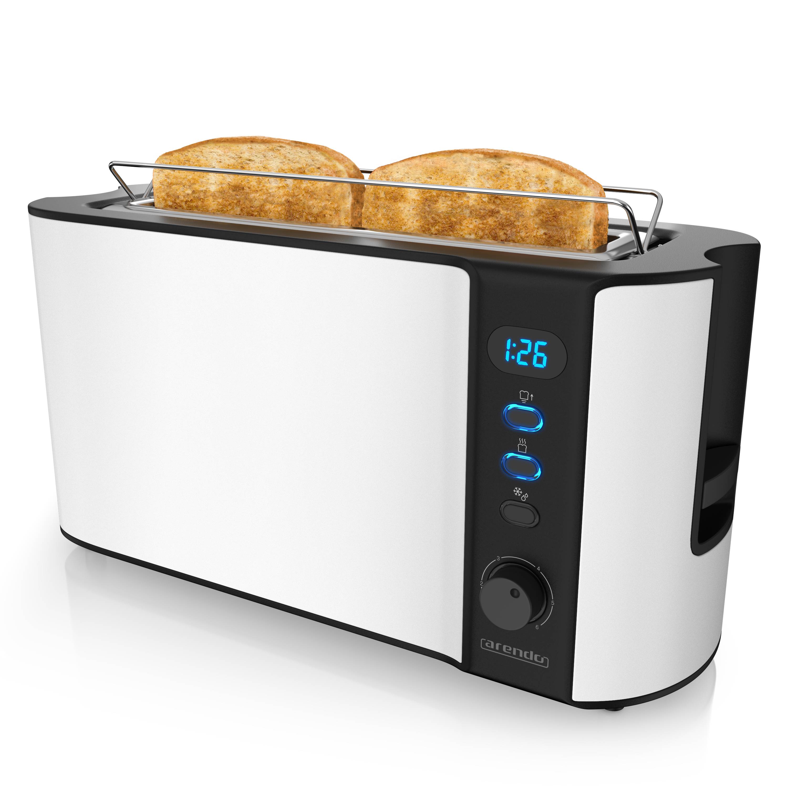 Arendo Langschlitz Toaster für 2 Scheiben, integrierter Brötchenaufsatz, 1000 Watt, Restzeitanzeige, weiß