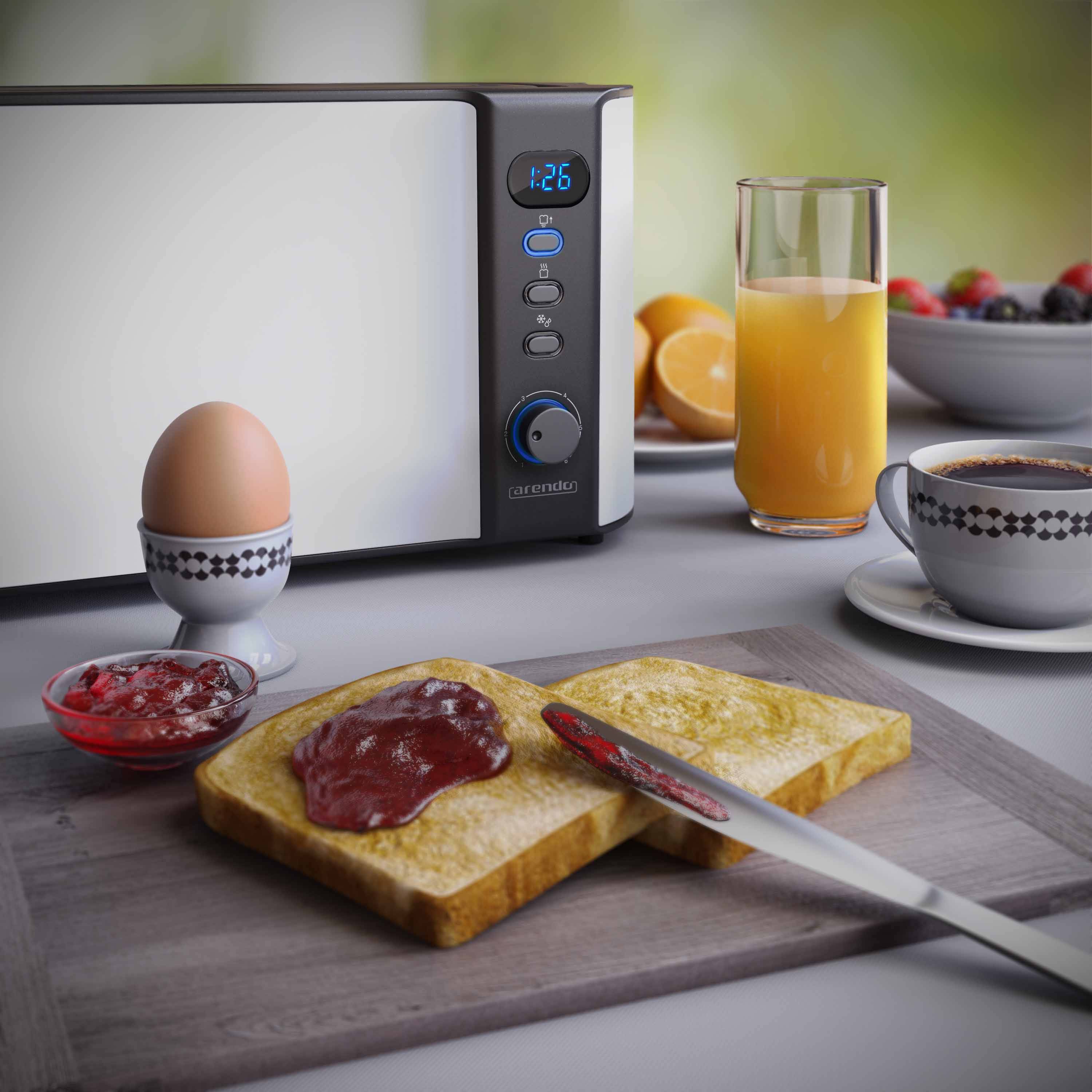 Arendo Langschlitz Toaster für 2 Scheiben, integrierter Brötchenaufsatz, 1000 Watt, Restzeitanzeige, weiß