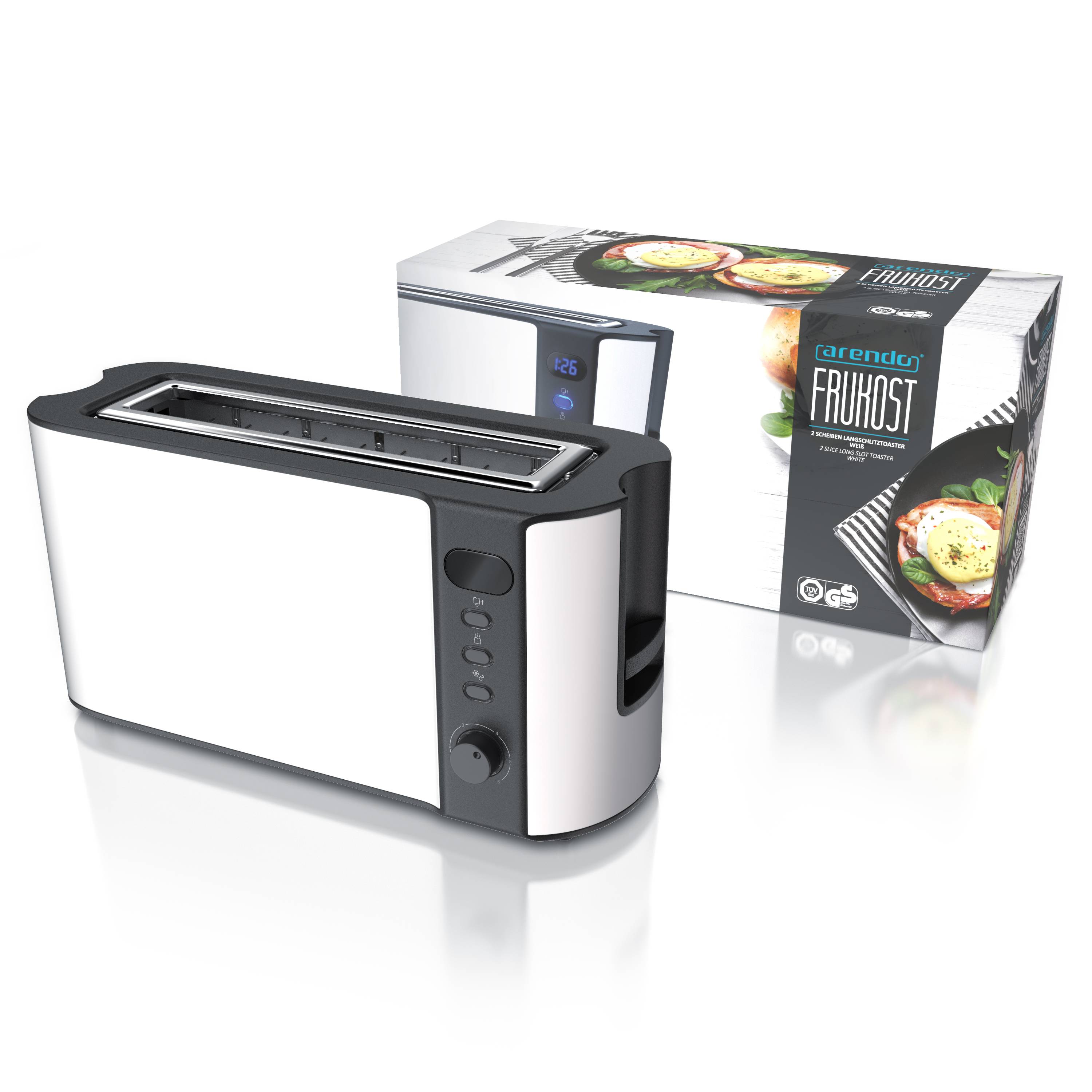 Arendo Langschlitz Toaster für 2 Scheiben, integrierter Brötchenaufsatz, 1000 Watt, Restzeitanzeige, weiß