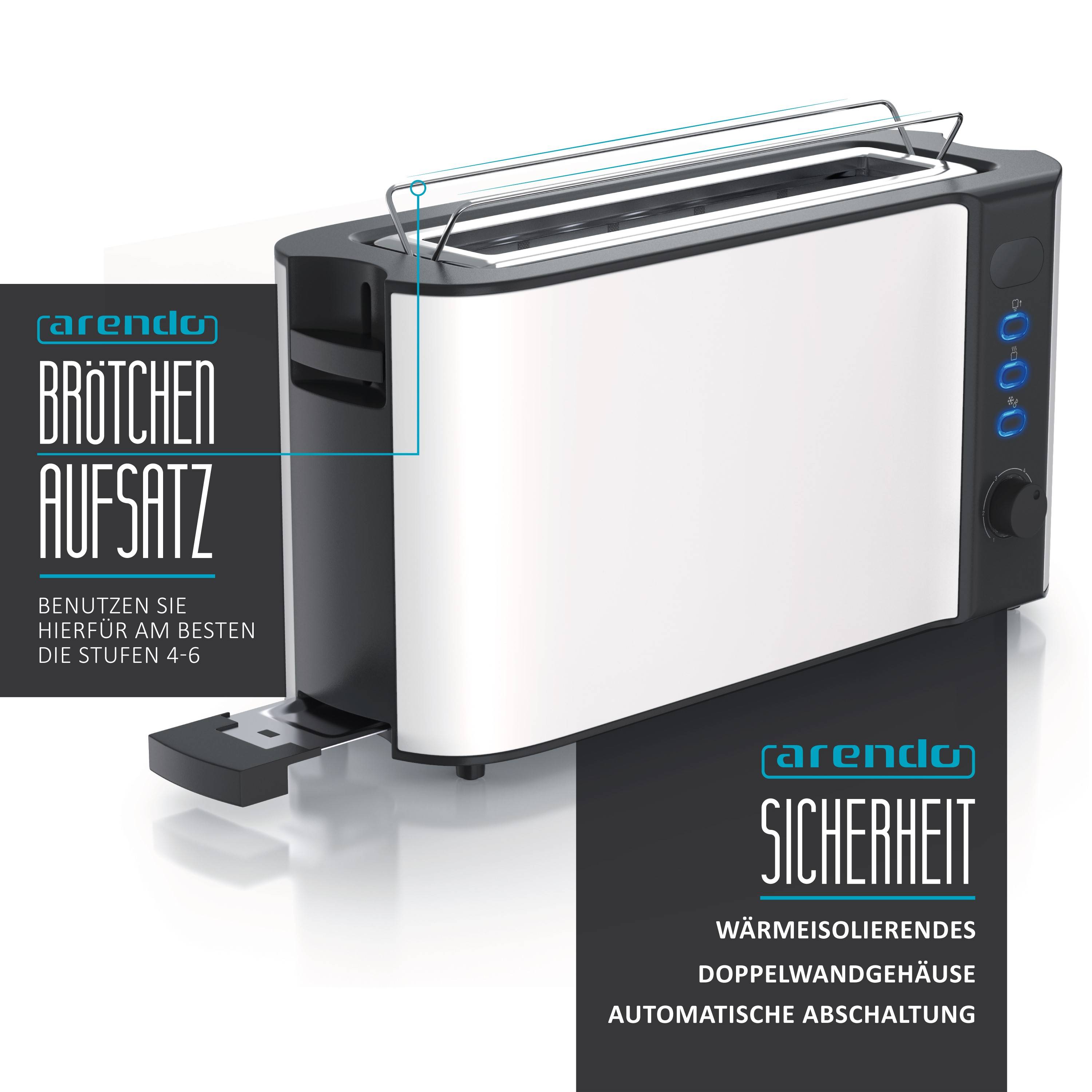 Arendo Langschlitz Toaster für 2 Scheiben, integrierter Brötchenaufsatz, 1000 Watt, Restzeitanzeige, weiß