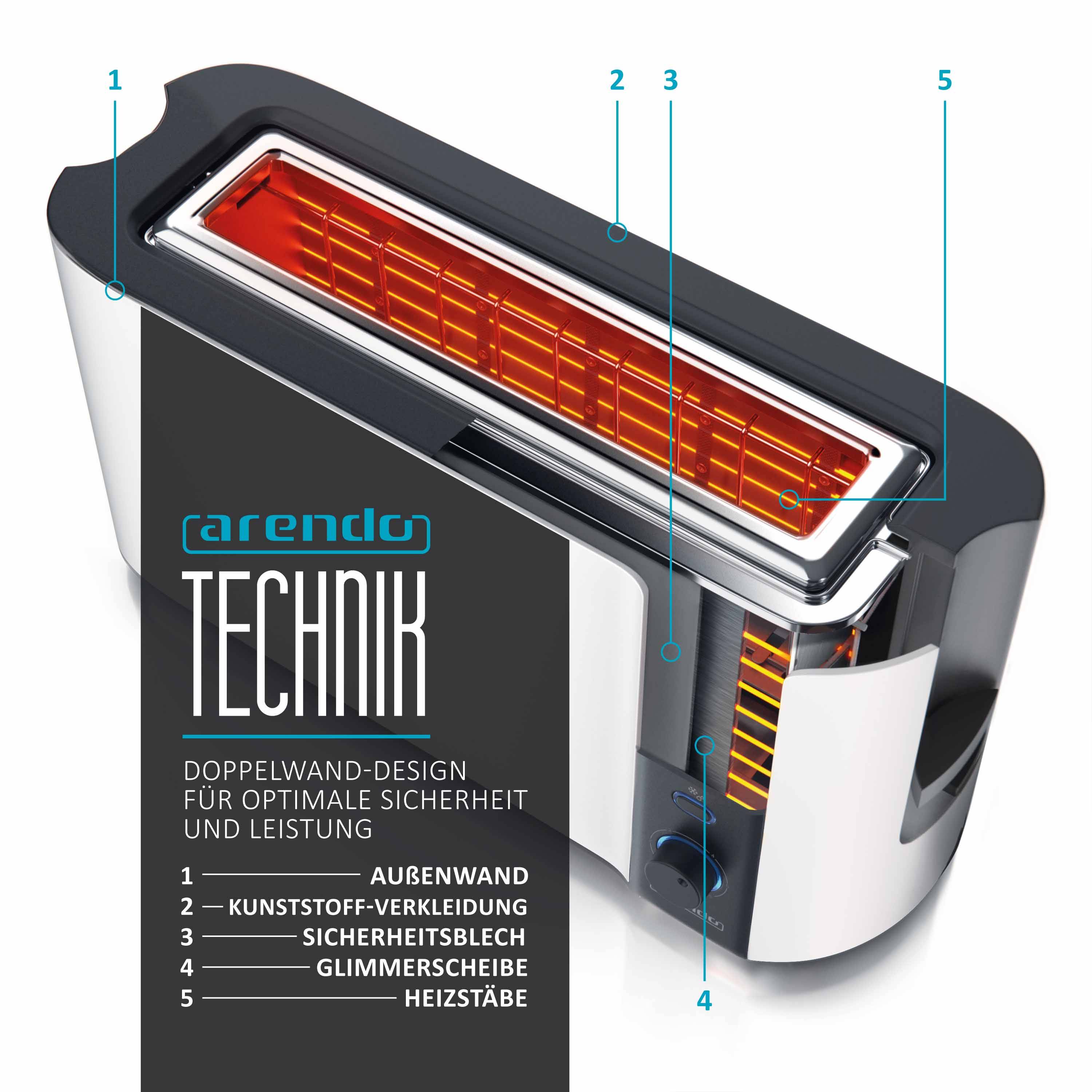 Arendo Langschlitz Toaster für 2 Scheiben, integrierter Brötchenaufsatz, 1000 Watt, Restzeitanzeige, weiß