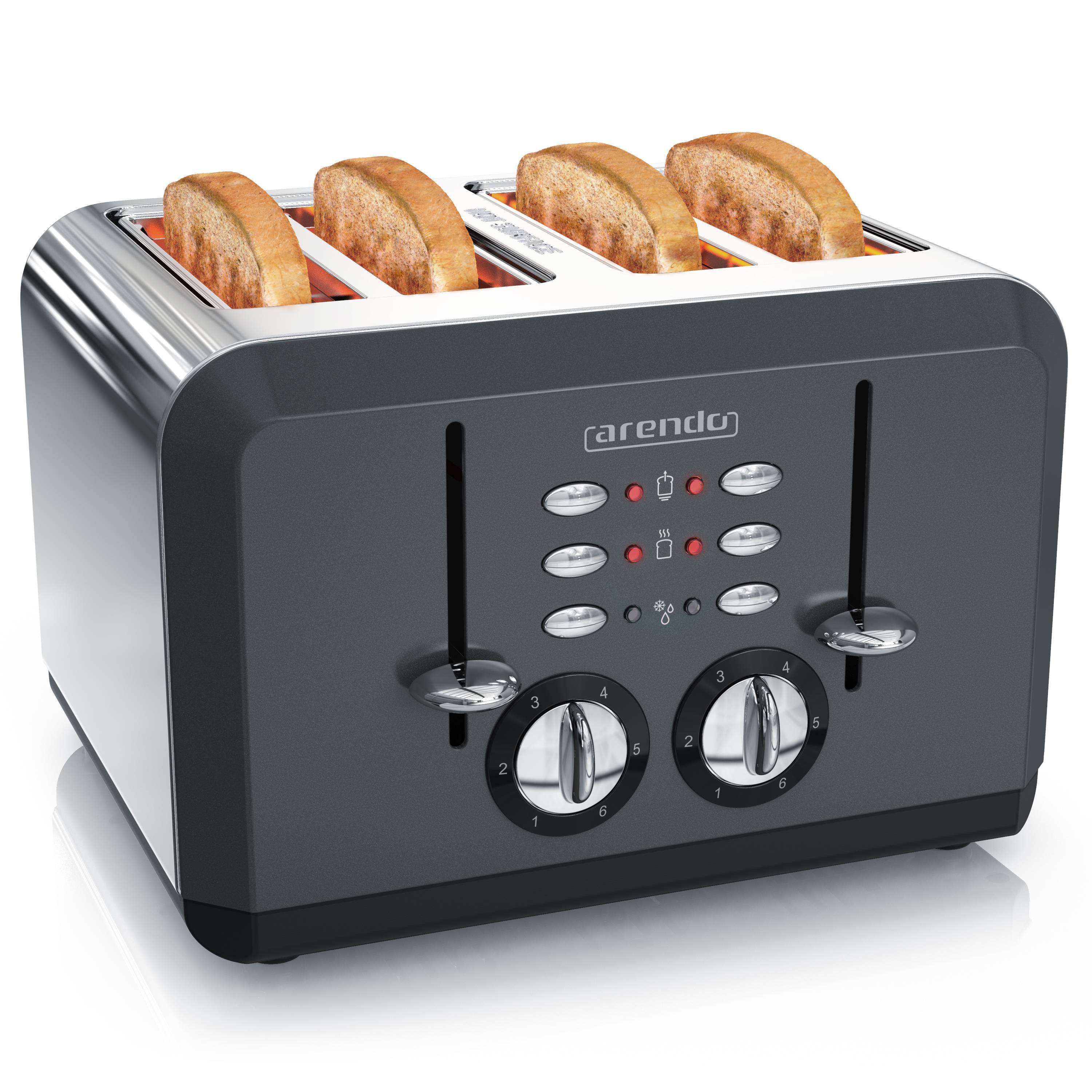 Arendo Toaster für 4 Scheiben, 1630 W, Automatik, Edelstahl, wärmeisoliert, grau, Kunststoff, Abschaltautomatik