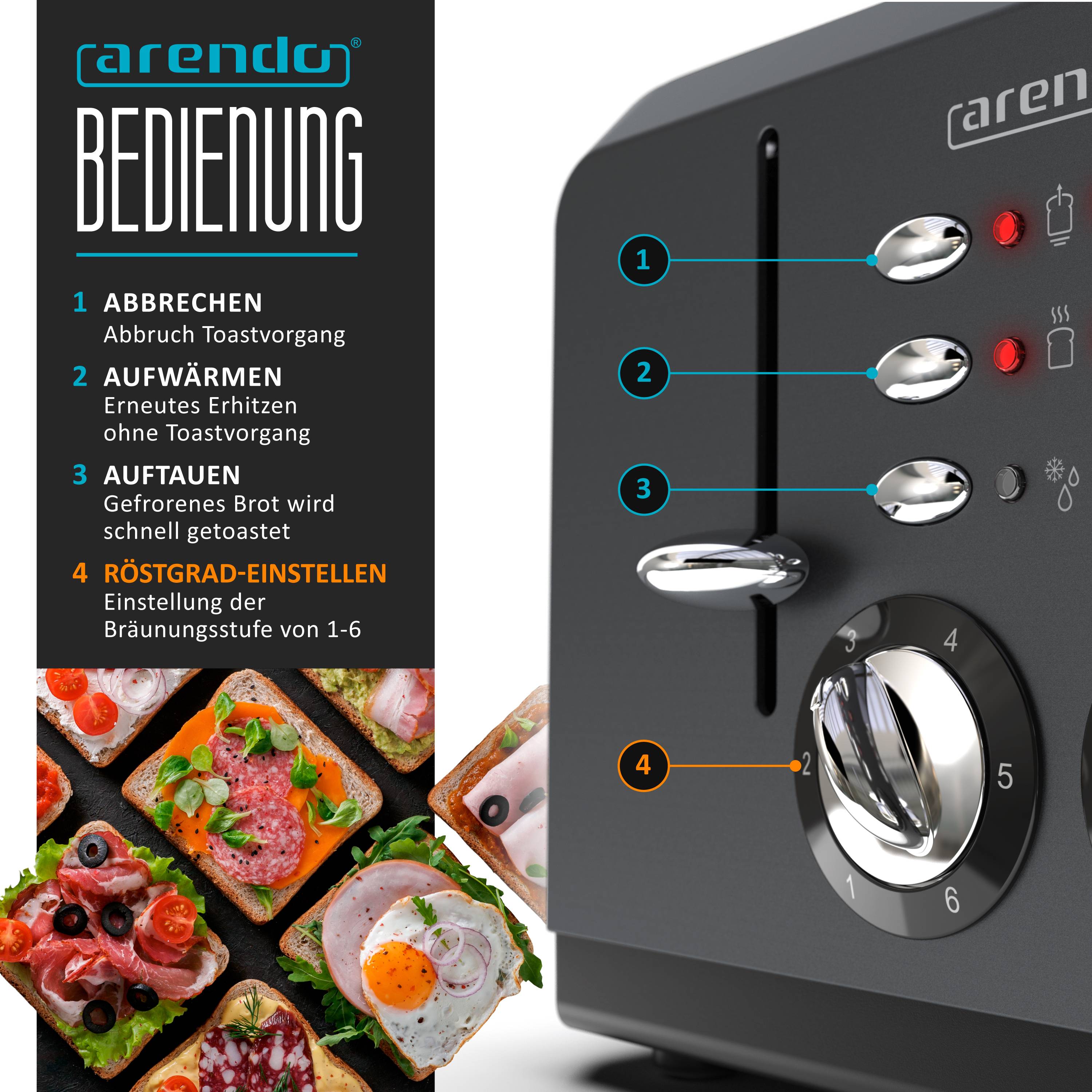Arendo Toaster für 4 Scheiben, 1630 W, Automatik, Edelstahl, wärmeisoliert, grau, Kunststoff, Abschaltautomatik