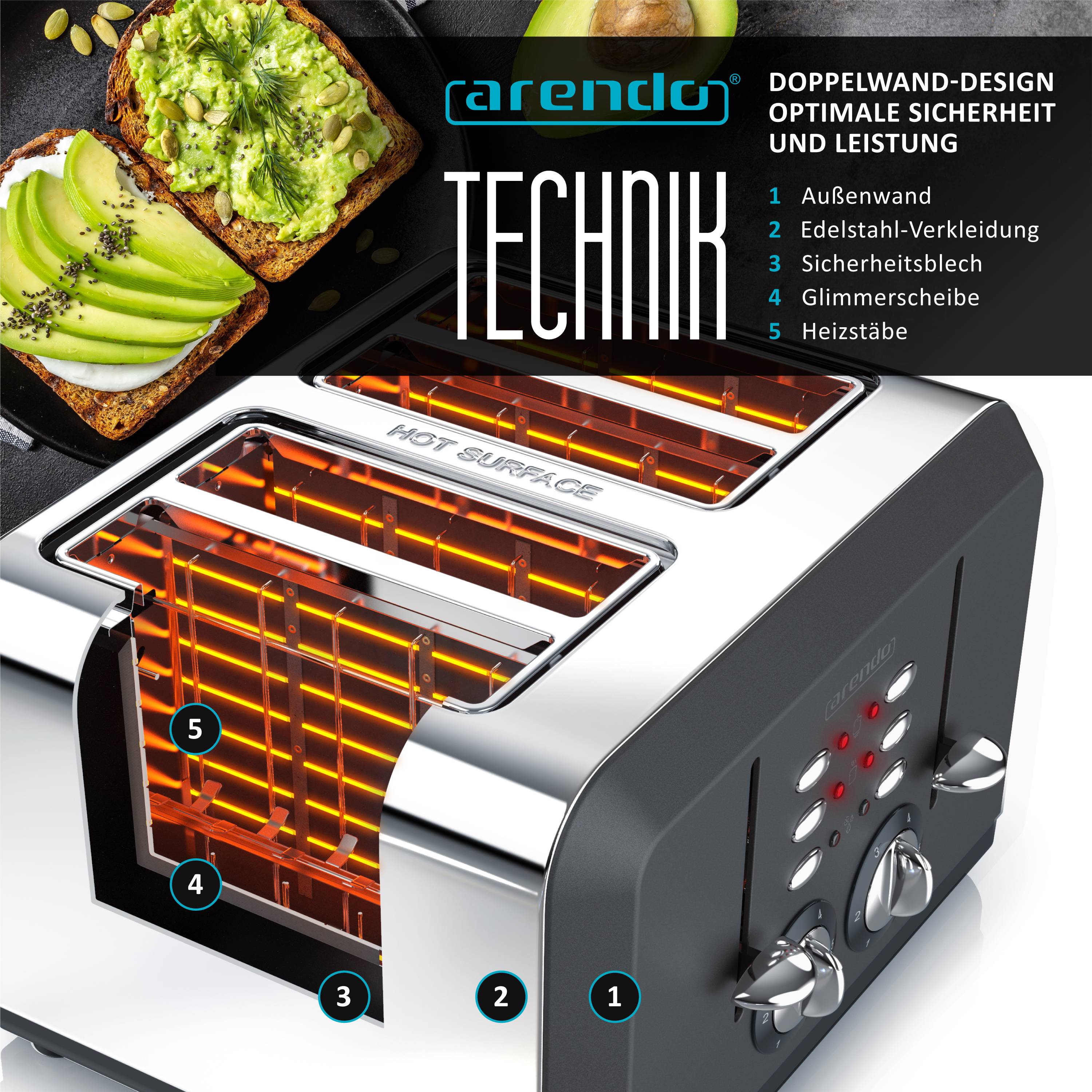 Arendo Toaster für 4 Scheiben, 1630 W, Automatik, Edelstahl, wärmeisoliert, grau, Kunststoff, Abschaltautomatik