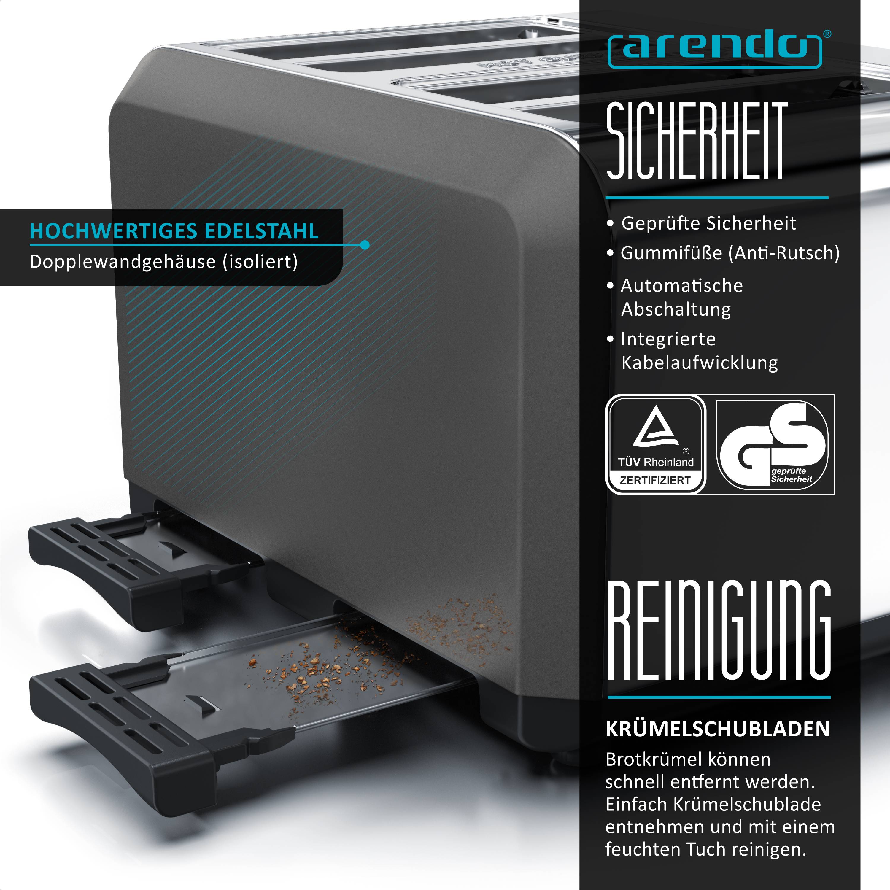 Arendo Toaster für 4 Scheiben, 1630 W, Automatik, Edelstahl, Wärmeisolierendes Doppelwandgehäuse, grau