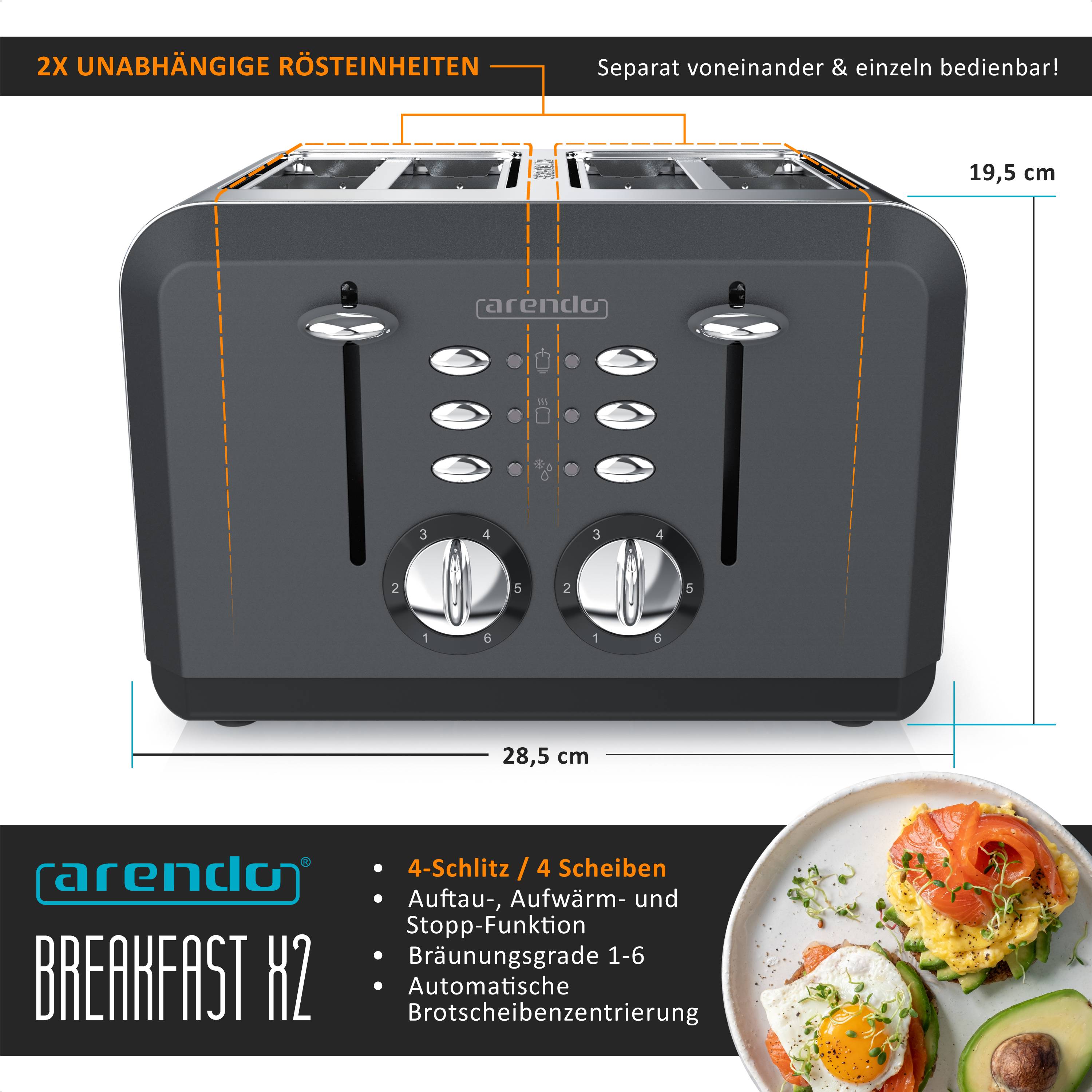 Arendo Toaster für 4 Scheiben, 1630 W, Automatik, Edelstahl, wärmeisoliert, grau, Kunststoff, Abschaltautomatik