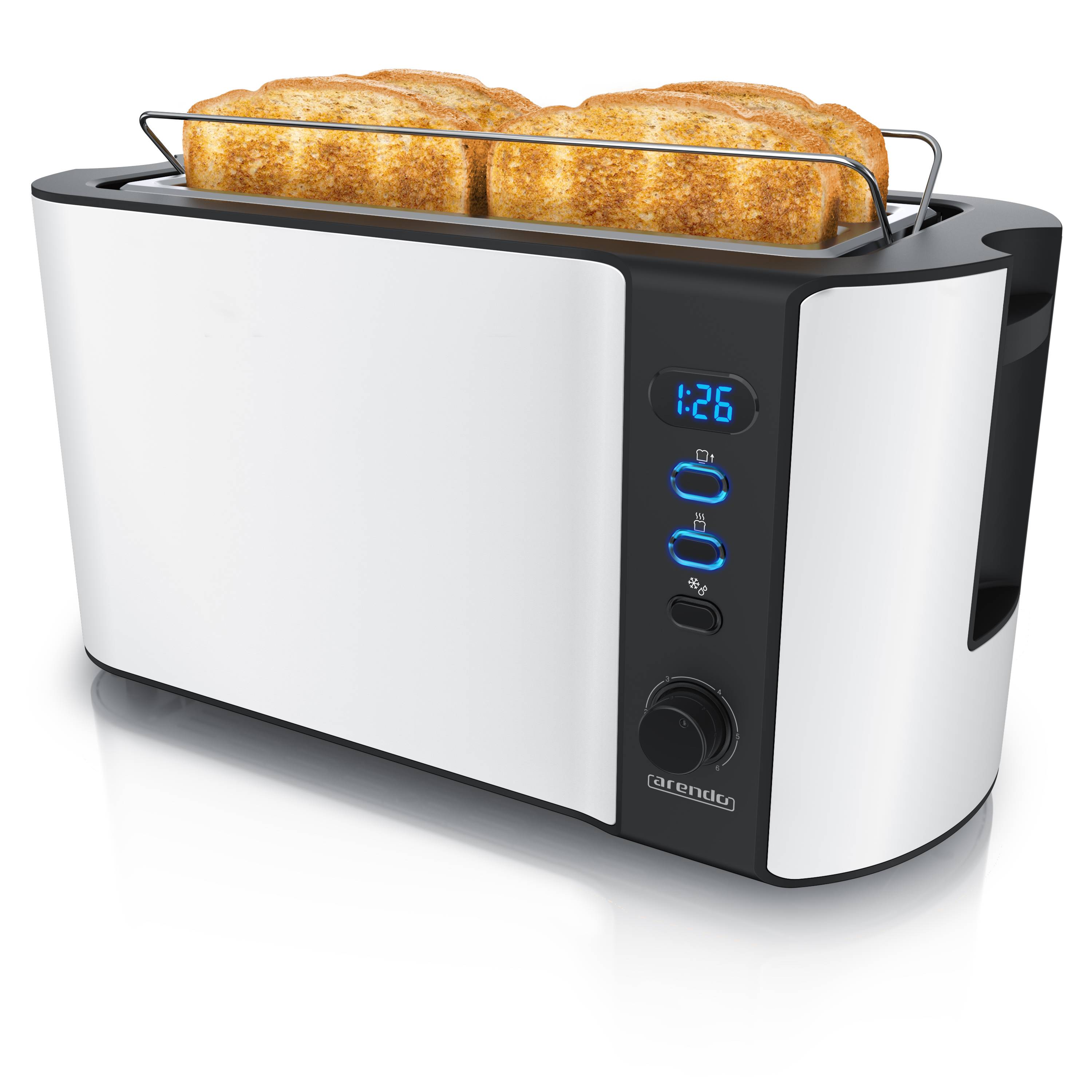 Arendo Automatik Langschlitz Toaster mit Brötchenaufsatz, Familientoaster für 4 Scheiben, Display, Auftaufunktion, weiß